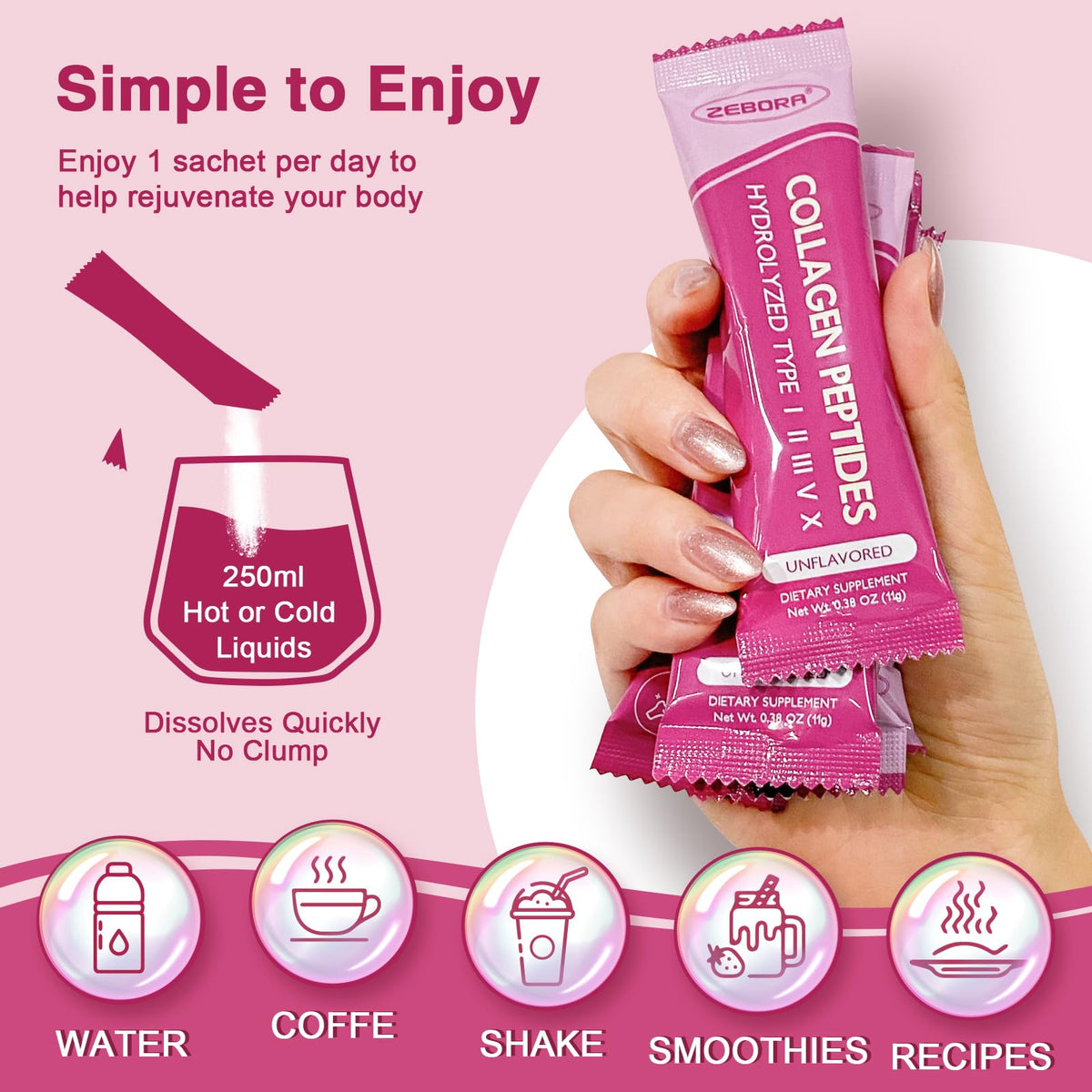 ZEBORA Multi Collagen Peptides Powder Packets for Women 30 - ZEBORA Official Imagery - 8