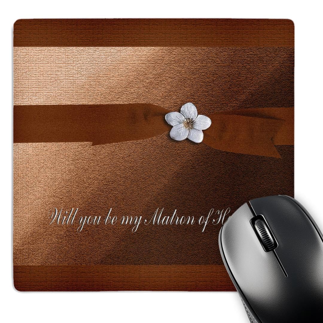 3dRose LLC 8 x 8 x 0.25 Inches Mouse Pad, Matron of Honor Request, Autumn Orange Ribbon with Flower on Peach (mp_43427_1)