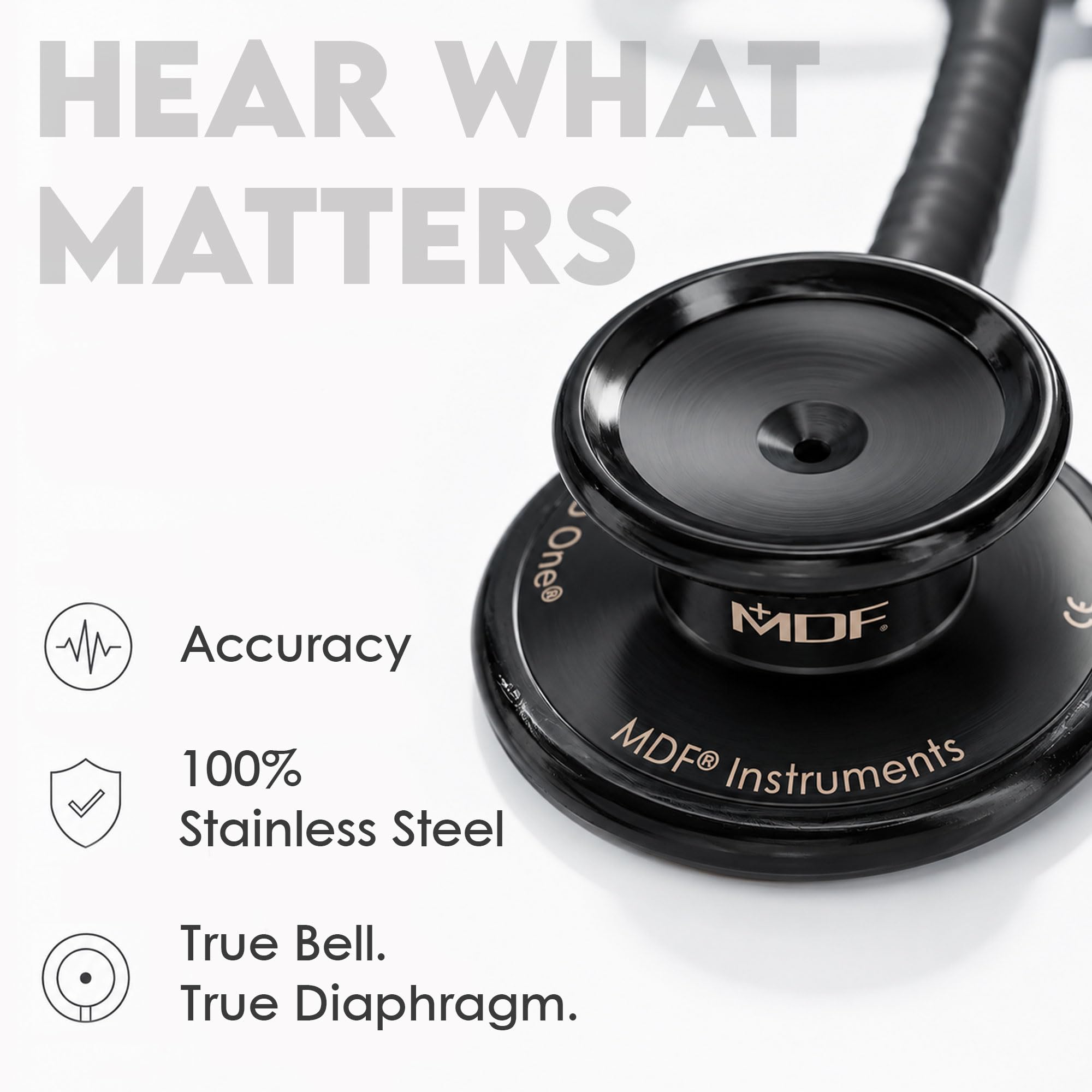 MDF Instruments MD One Premium Stainless Steel Dual Head Stethoscope, Adult, Black Tube, Black Chestpieces-Headset, MDF777BO