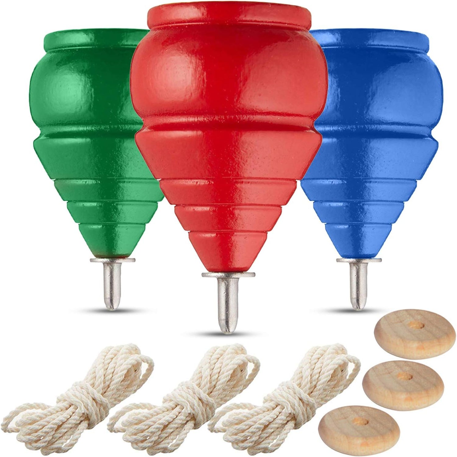 Set of three authentic YAJUA wooden spinning tops, classic Trompos with colorful painted designs and smooth spinning features.