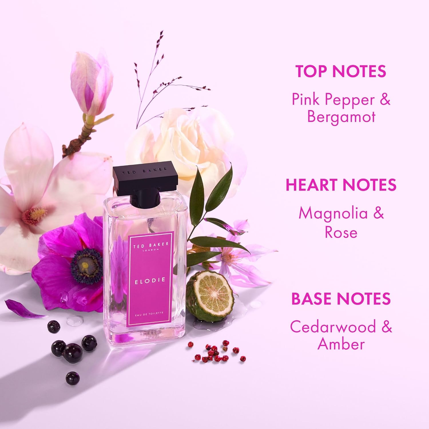 Ted Baker Elodie Eau de Toilette for women featuring a woody floral fragrance with pink pepper accents.