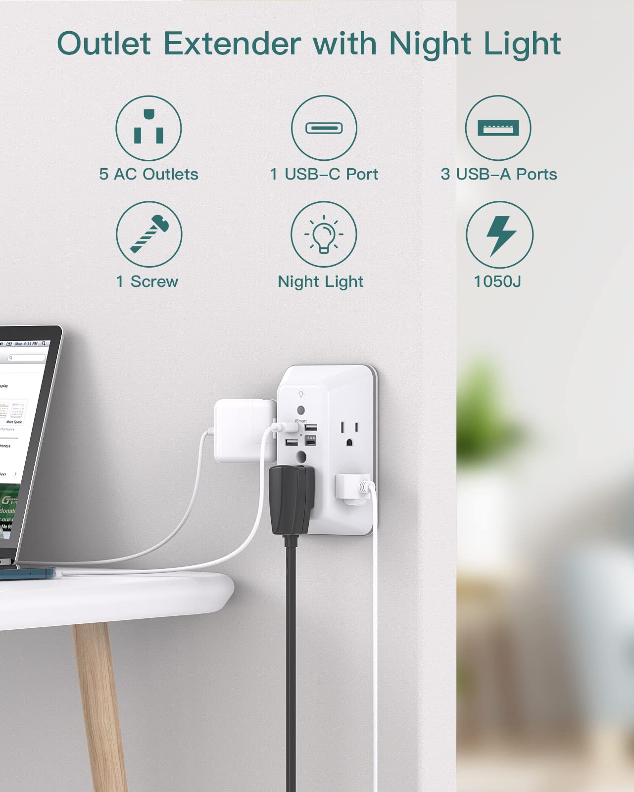 Addtam Surge Protector, 5 Outlet Extender with Night Light and 4 USB Ports - Addtam Official Product View 2