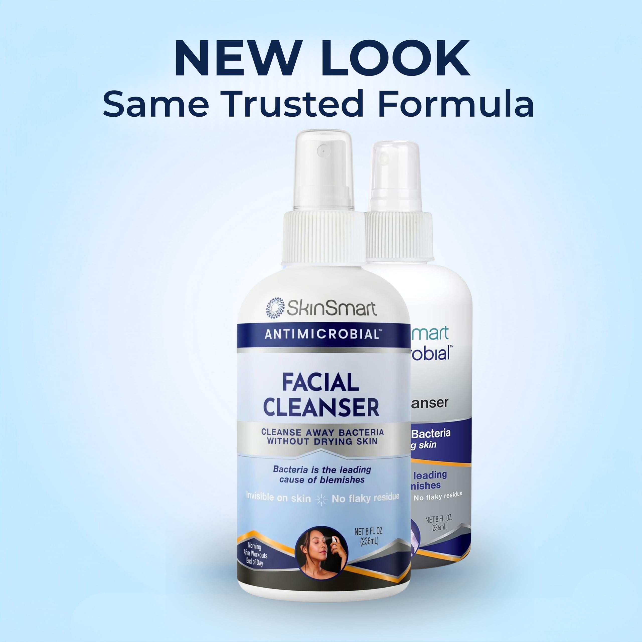 SkinSmart Antimicrobial Facial Cleanser in 8 oz bottle, designed for breakouts, showing the product's packaging and label.