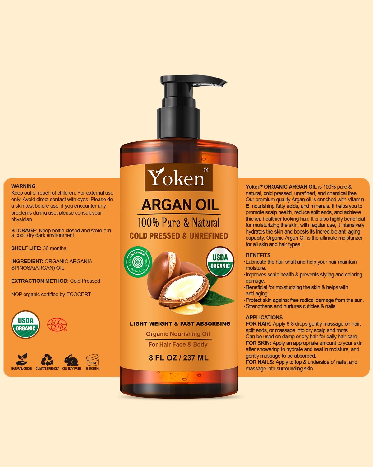 Yoken USDA Argan Oil , Cold Pressed Unrefined Moroccan Oil for Hair - Yoken Official Product View 8