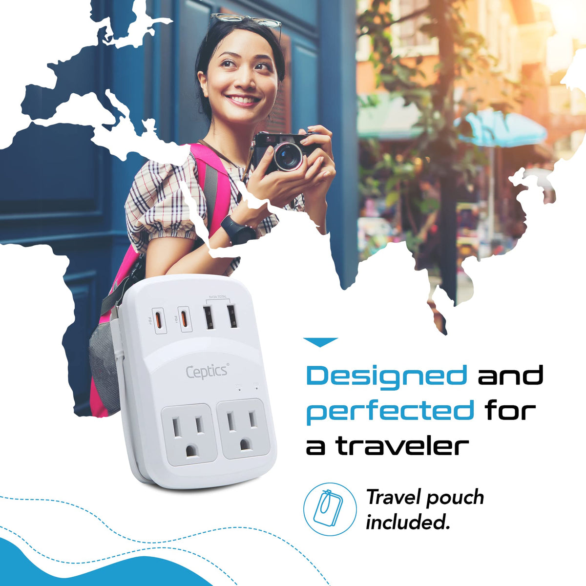 Ceptics World Travel Adapter Kit 2 USB A USB C US Outlets - Ceptics Official Imagery - 5
