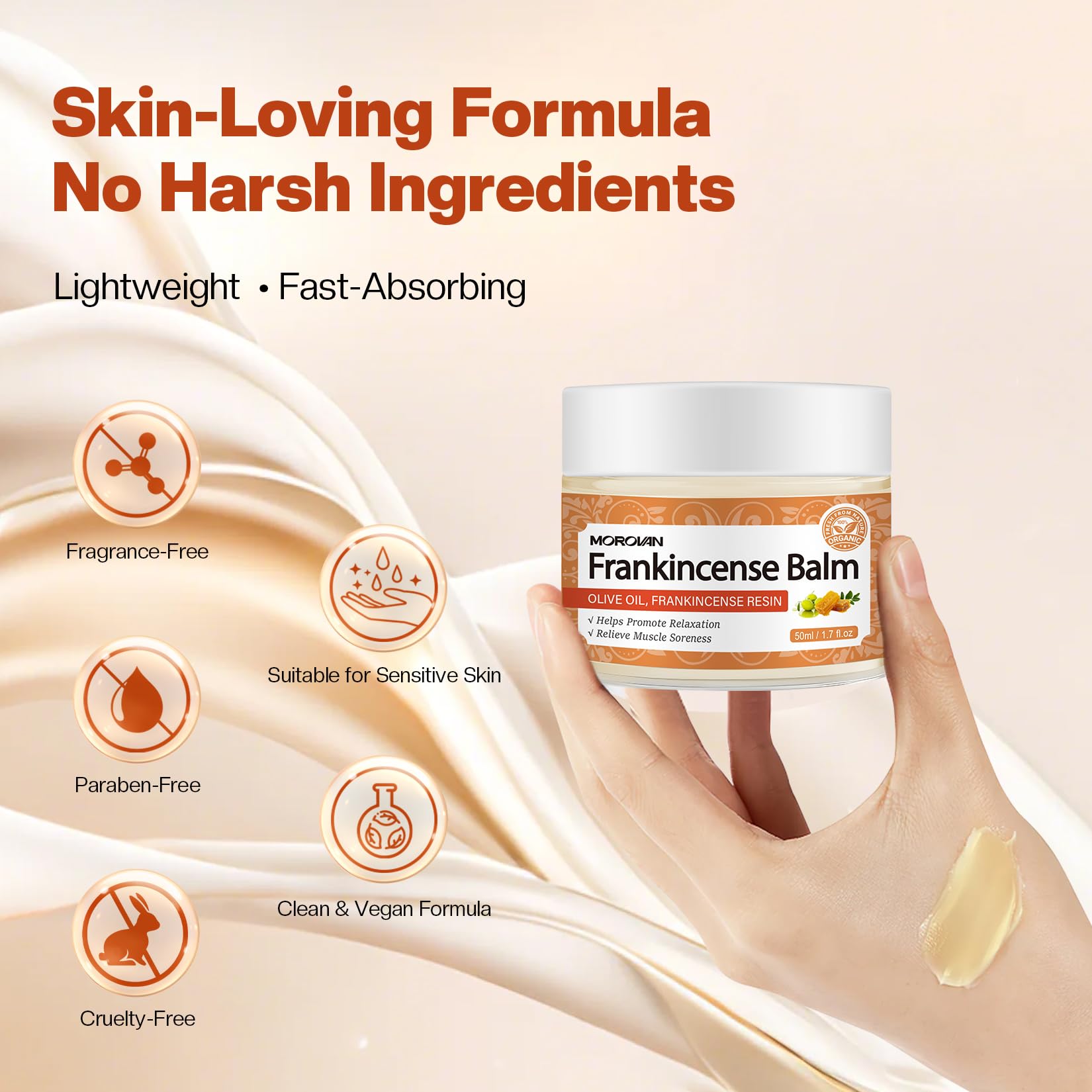 Morovan Frankincense Bruise Balm for joints and skin, moisturizing skin with natural frankincense extract.