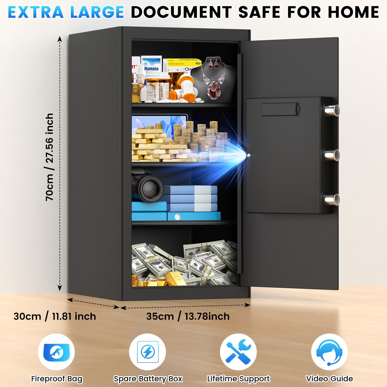 FOWORE 27.56"H Steel Safe Box, 6.0 Cuft Home Safes with Fireproof - FOWORE Official Product View 2