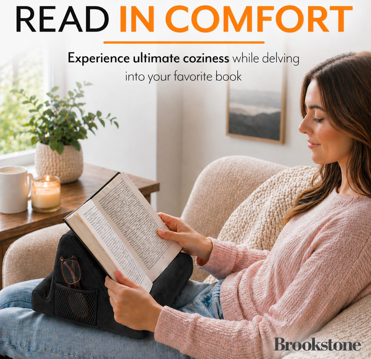 Brookstone Tablet Lap Cushion - Tablet and Phone Holder for Bed, Flights, and Travel, Two Angled Memory Foam Lap Desk for Reading and Hands Free Viewing, Compatible iPad and Kindle Accessories, Black