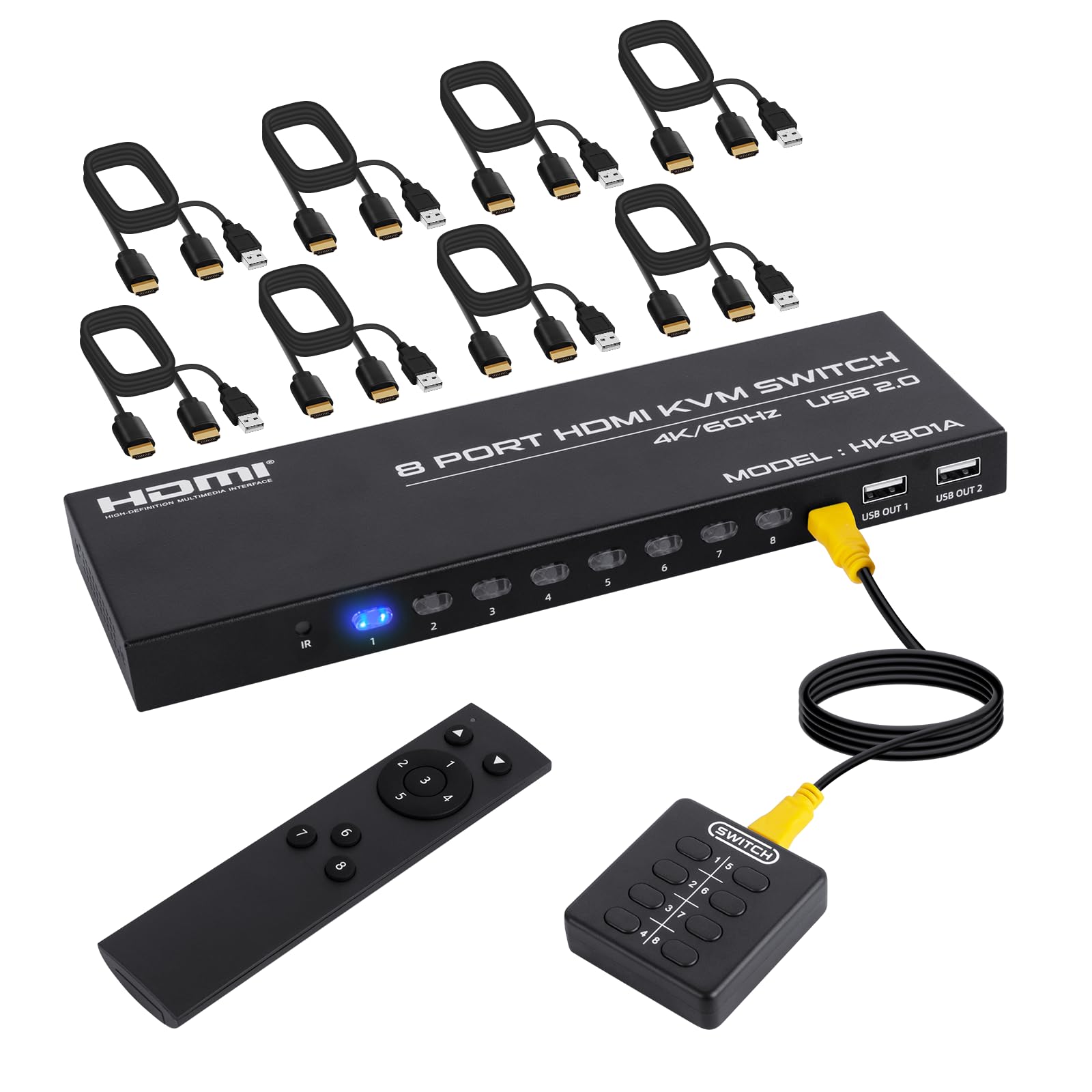 DGODRT 8 port HDMI KVM switch showing multiple HDMI cables connected, allowing control of 8 computers with one monitor and USB devices