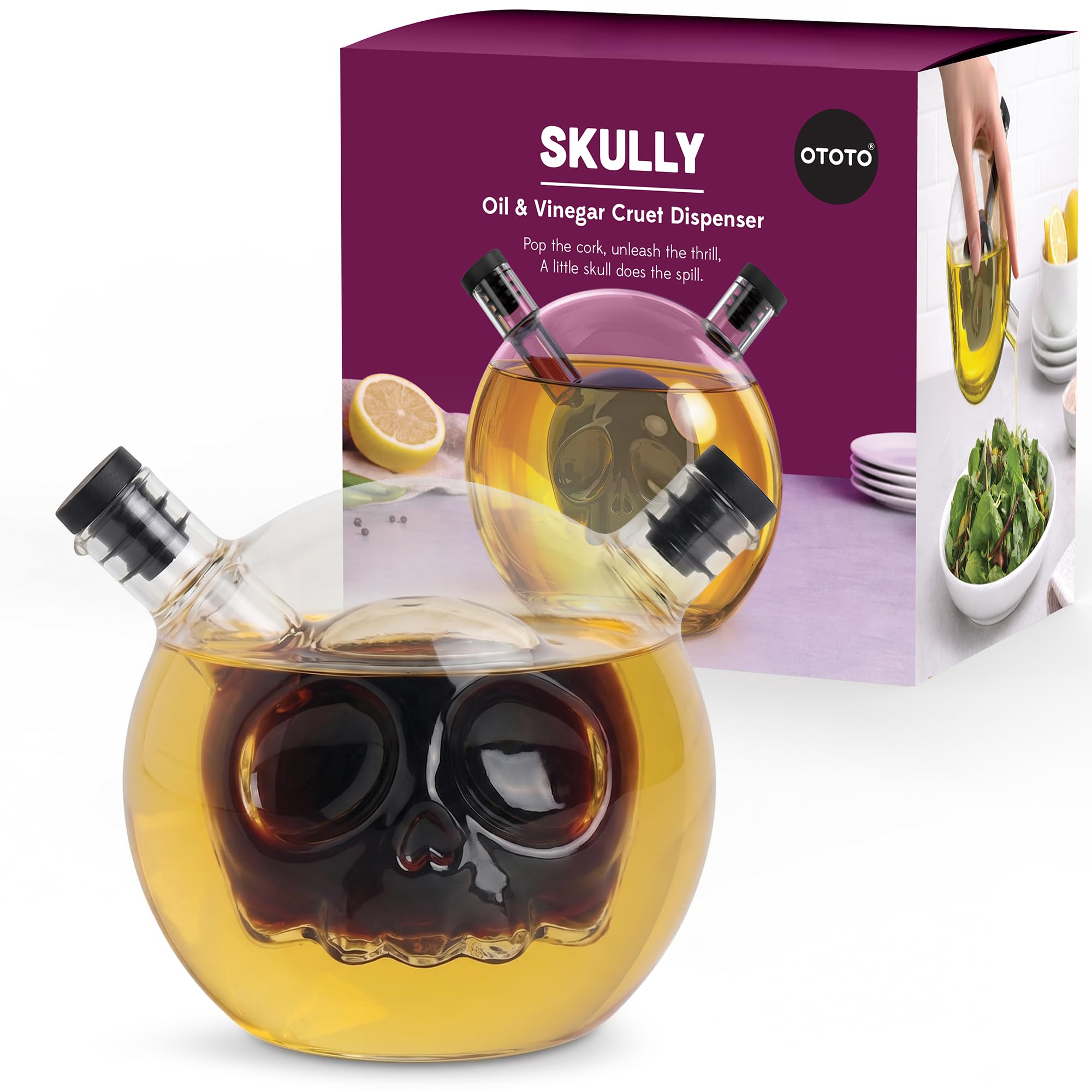 OTOTO 2-in-1 Glass Oil and Vinegar Cruet - Skull Oil Dispenser - Product Imagery