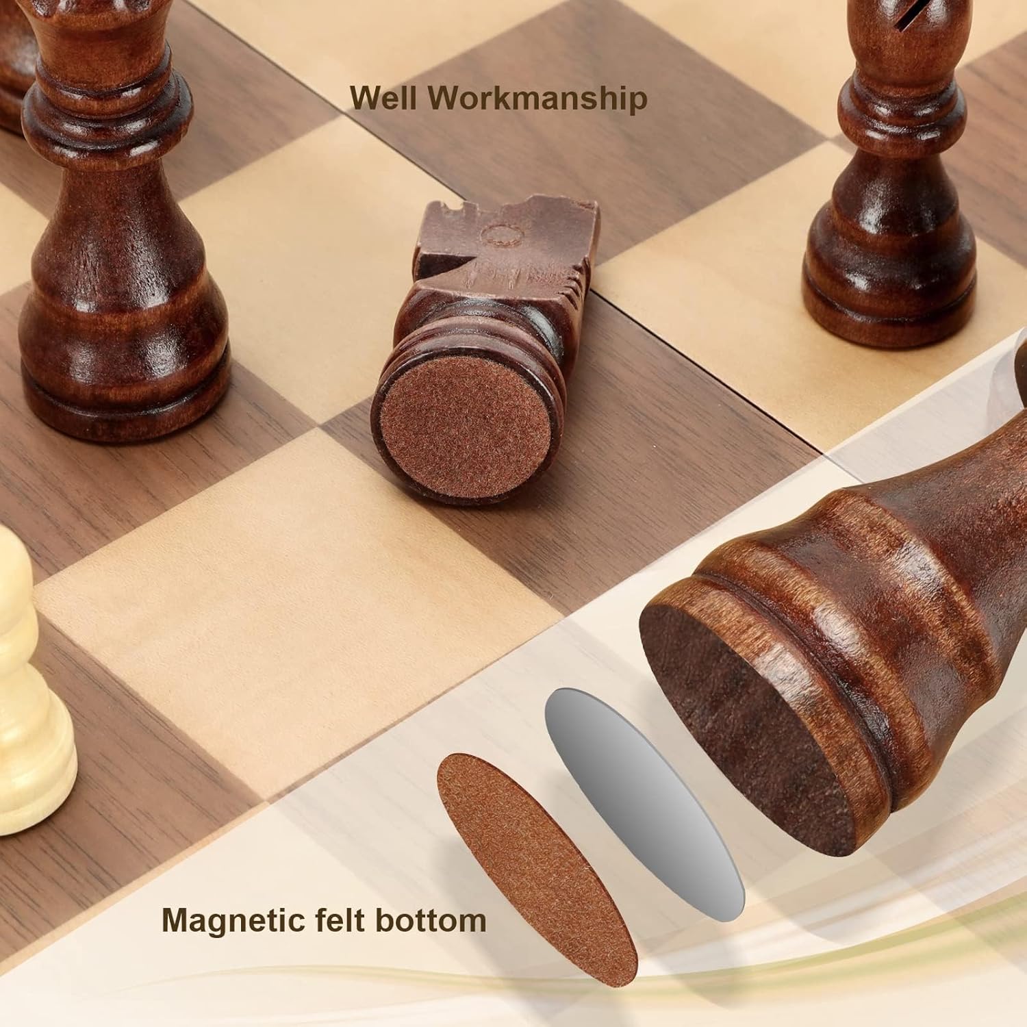 Magnetic wooden chess set with handmade pieces on a 15-inch chessboard, suitable for adults and kids by Hurdaos.
