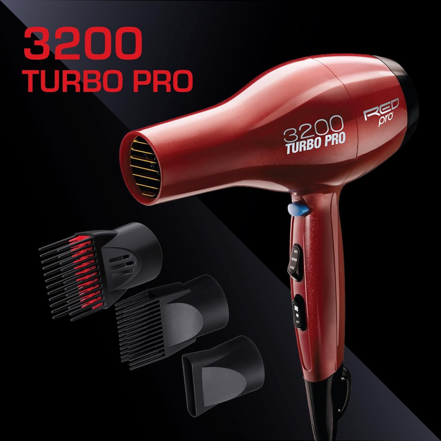 RED Pro 3200 Turbo Pro Detangler AC hair dryer with 3 heat and 2 speed settings, featuring a sleek design and ergonomic handle.