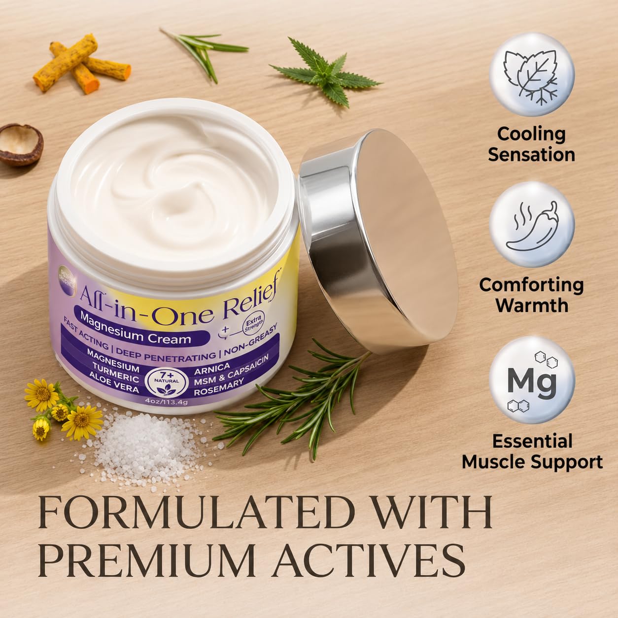 Purple Canyon Magnesium Cream with menthol, MSM, and arnica for soothing muscle relief, shown in a white tube with purple accents.