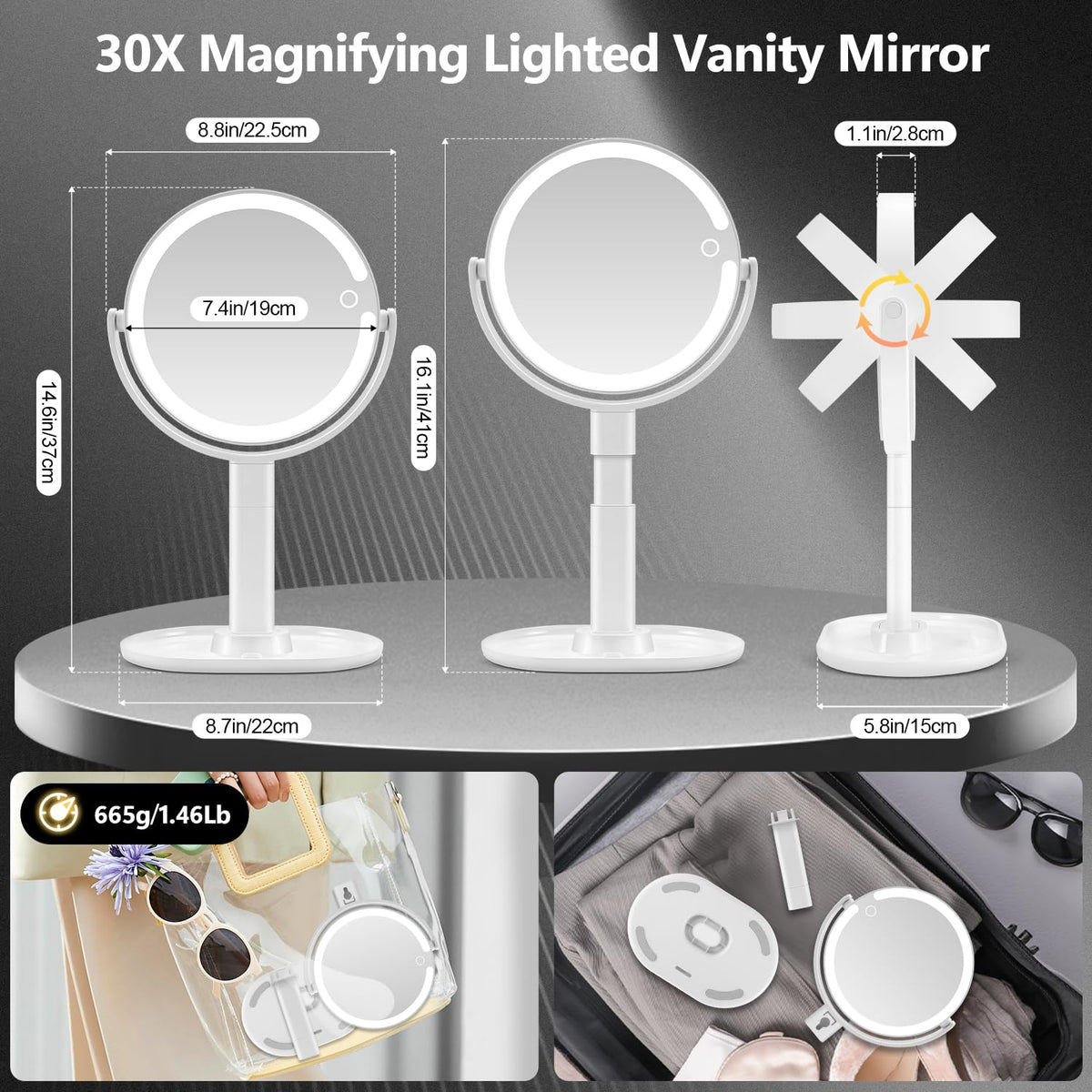 30X Magnifying Makeup Mirror with Lights Rechargeable Desk - MIYADIVA Official Imagery - 3
