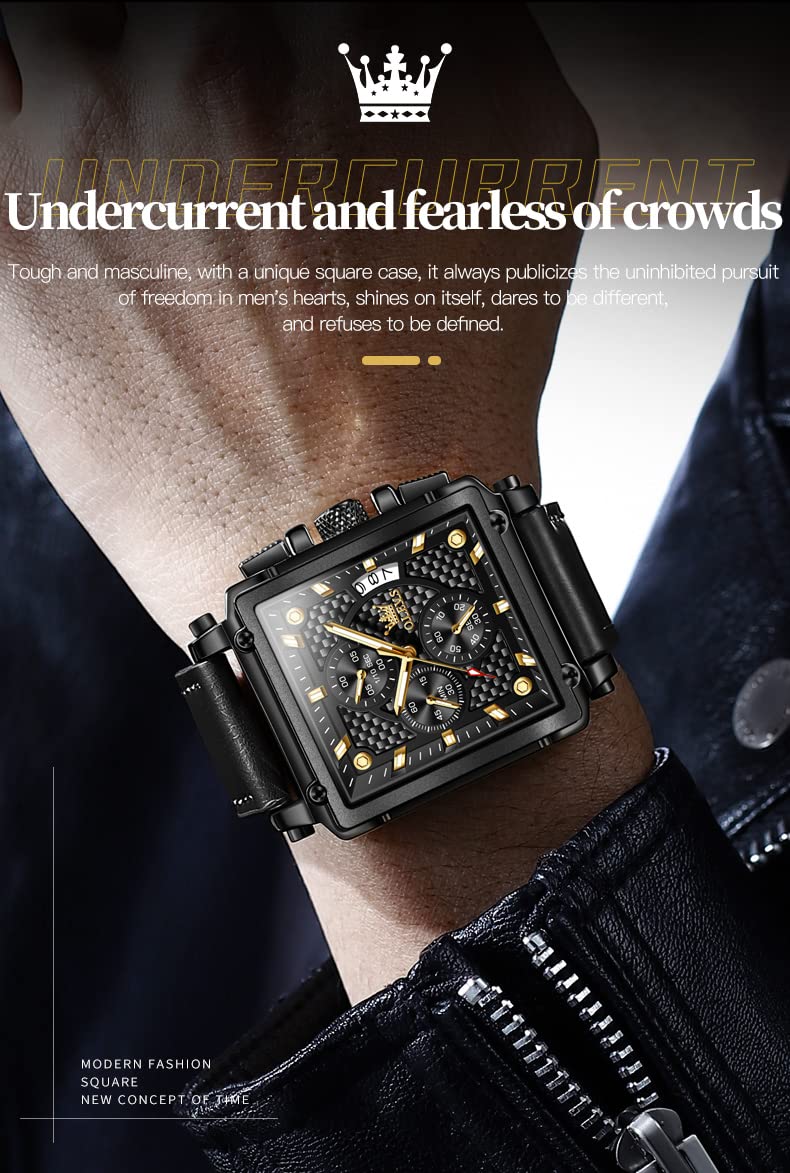 OLEVS Men's Square Chronograph Watch Black Leather Black Dial
