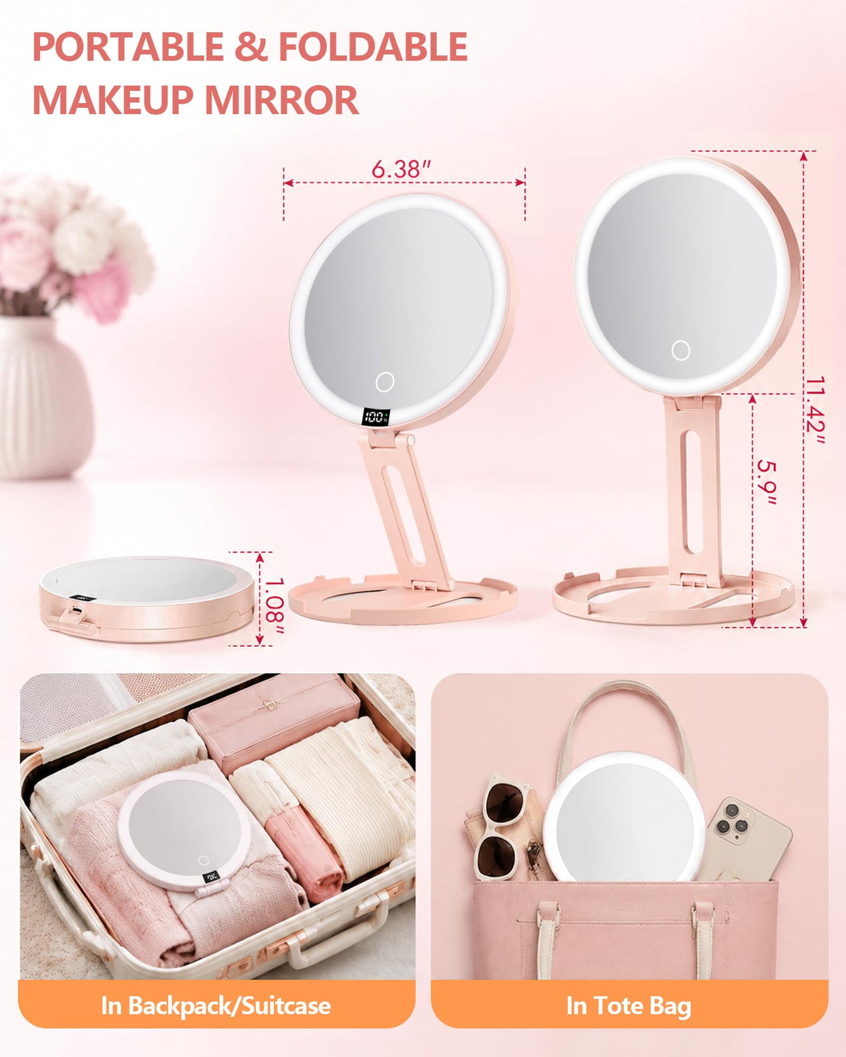 Foldable Travel Makeup Mirror with Lights 20X 1X Magnifying - ATUSGOY Official Imagery - 3