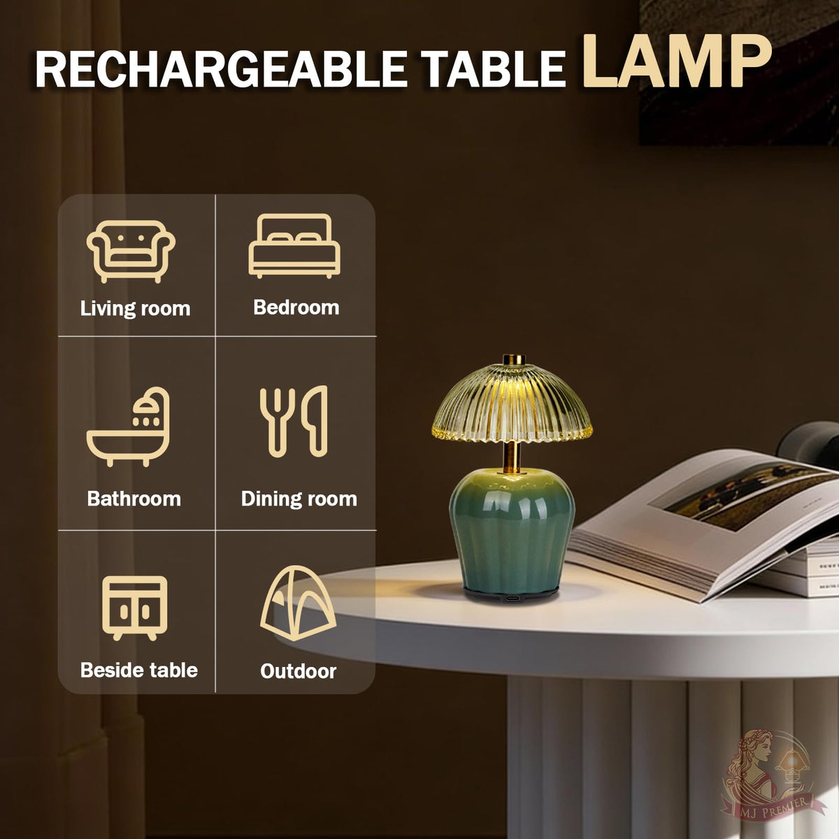MJ PREMIER Rechargeable Table Lamp Small Cordless Lamp with - MJ PREMIER Official Imagery - 7
