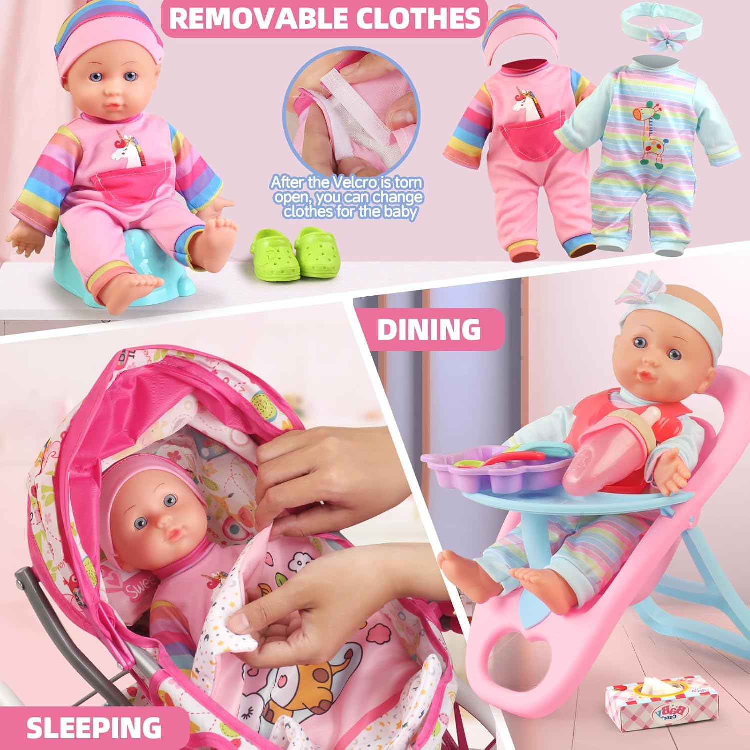 YIYBM baby doll stroller toys set with 12.5-inch doll, dining chair, quilt pillow, and 24-piece accessories for children