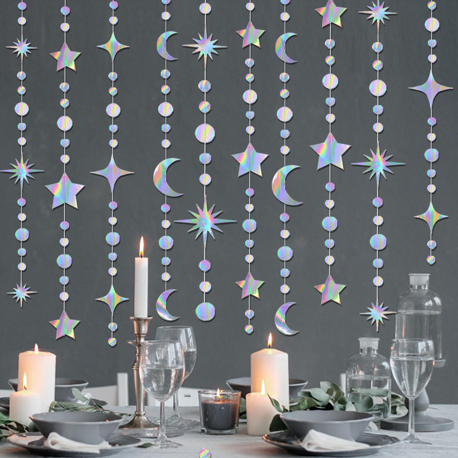 4 Pack Multi Iridescent Party Garland Star&Moon Holographic - Product Imagery