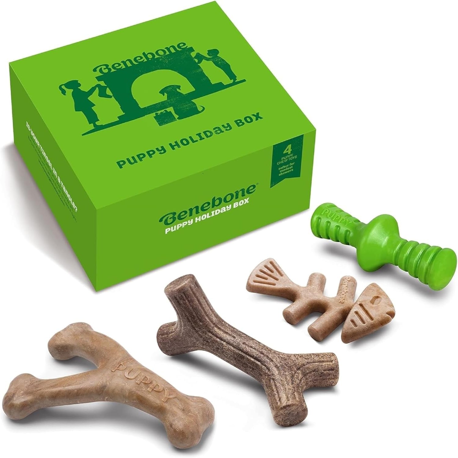 Benebone Puppy 4-Pack dog chew toys for small and modest chewers, made in USA, suitable for dogs under 30 pounds