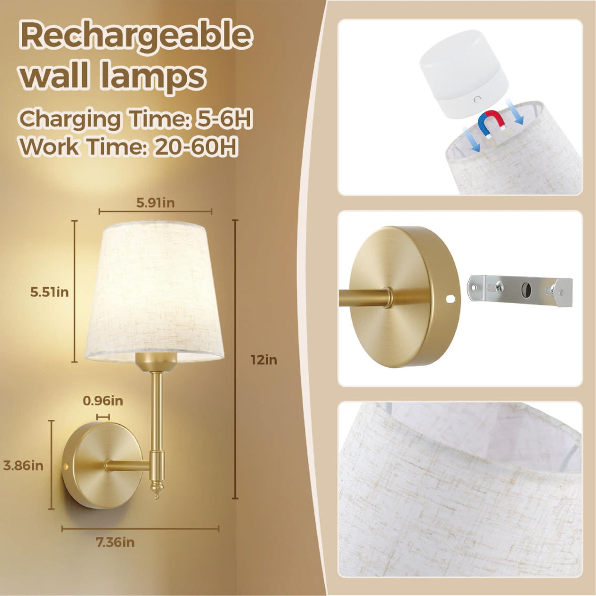 Gold Battery Operated Wall Sconces Rechargeable Wireless - jetffiao Official Imagery - 6