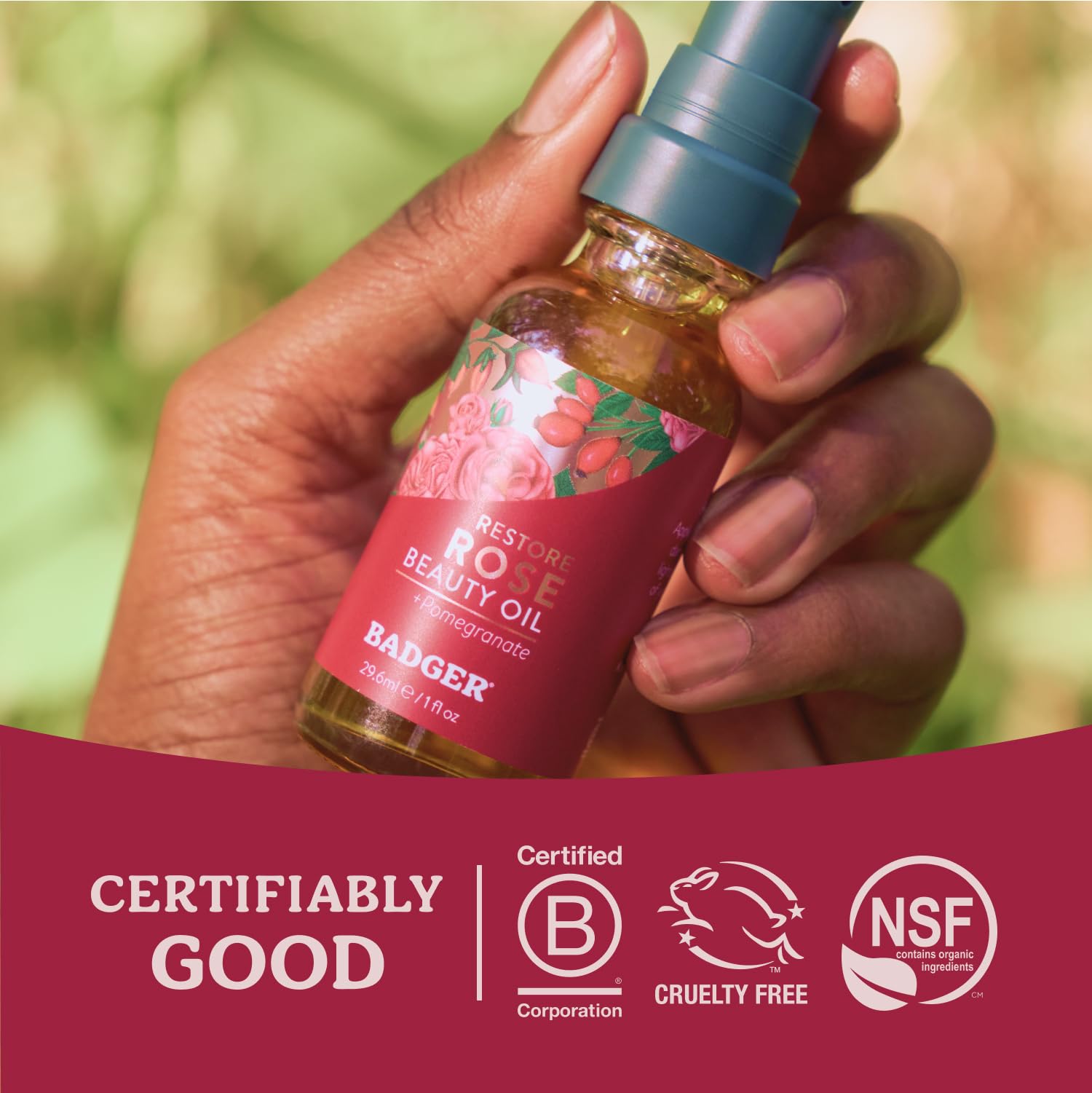 Badger Organic Rose Face Oil, Calming & Hydrating, 1 fl oz Glass Bottle - Badger Official Product View 7