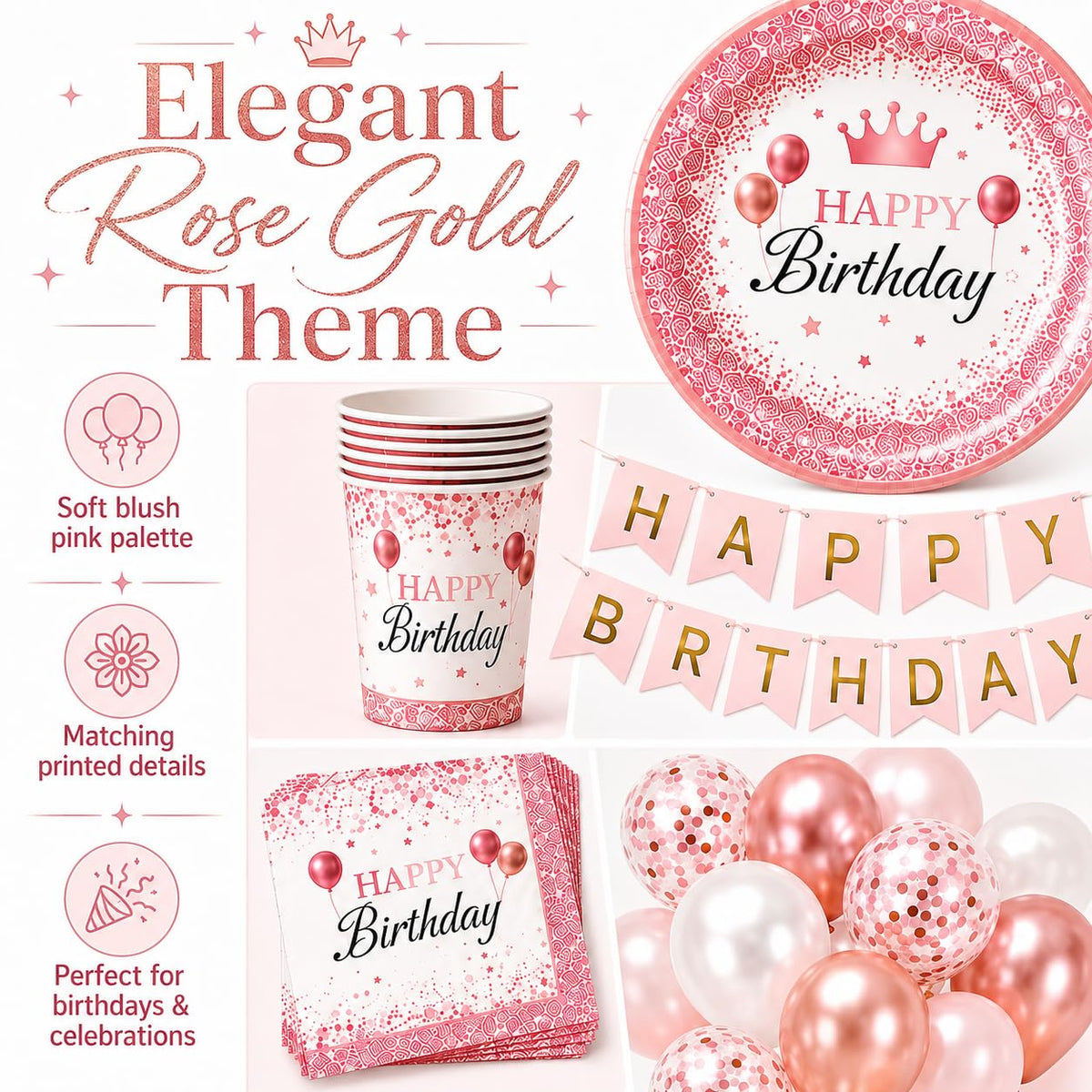 212Pcs Pink Birthday Party Supplies Set Disposable Plates - ZIRICHER Official Imagery - 5
