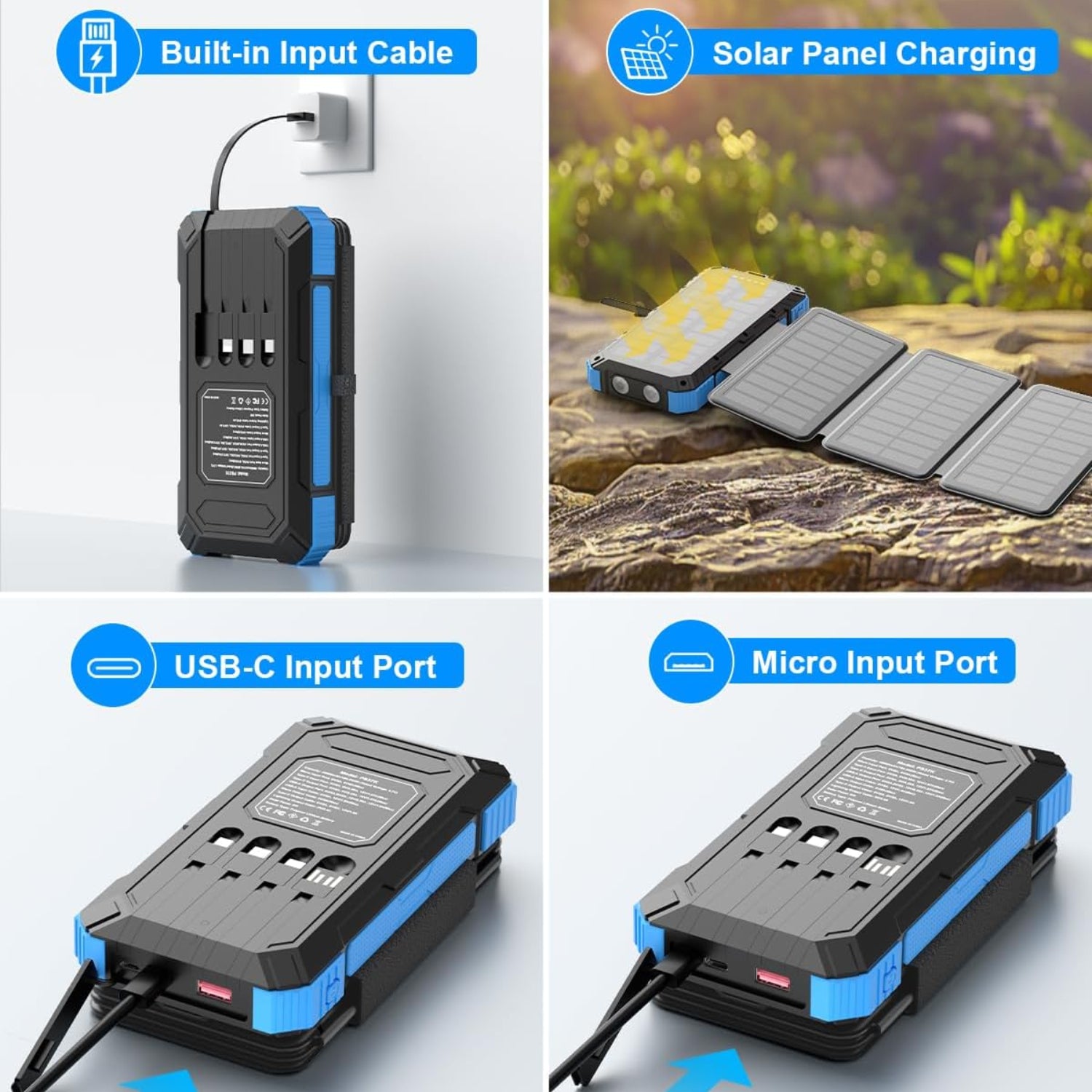 Solar Charger Power Bank 49800mAh with 4 Built-in Cables & 3 Foldable