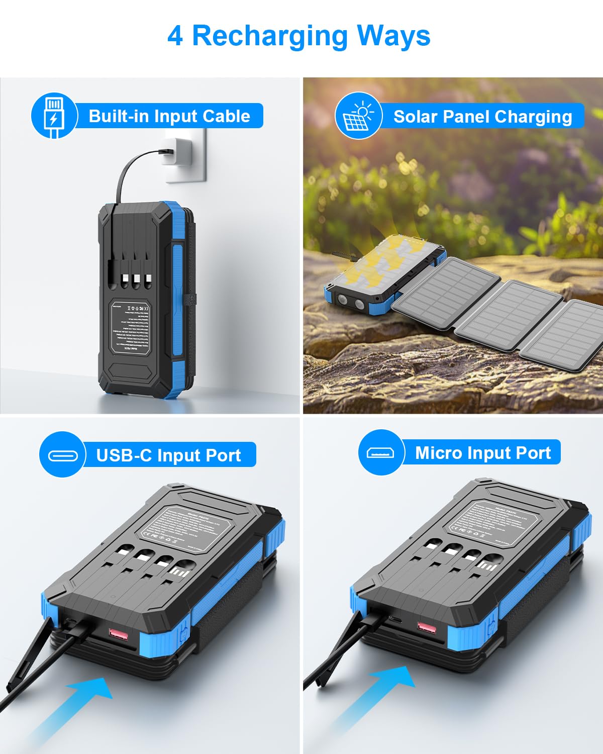 Four charging methods of a portable power station with text labels on a white background.