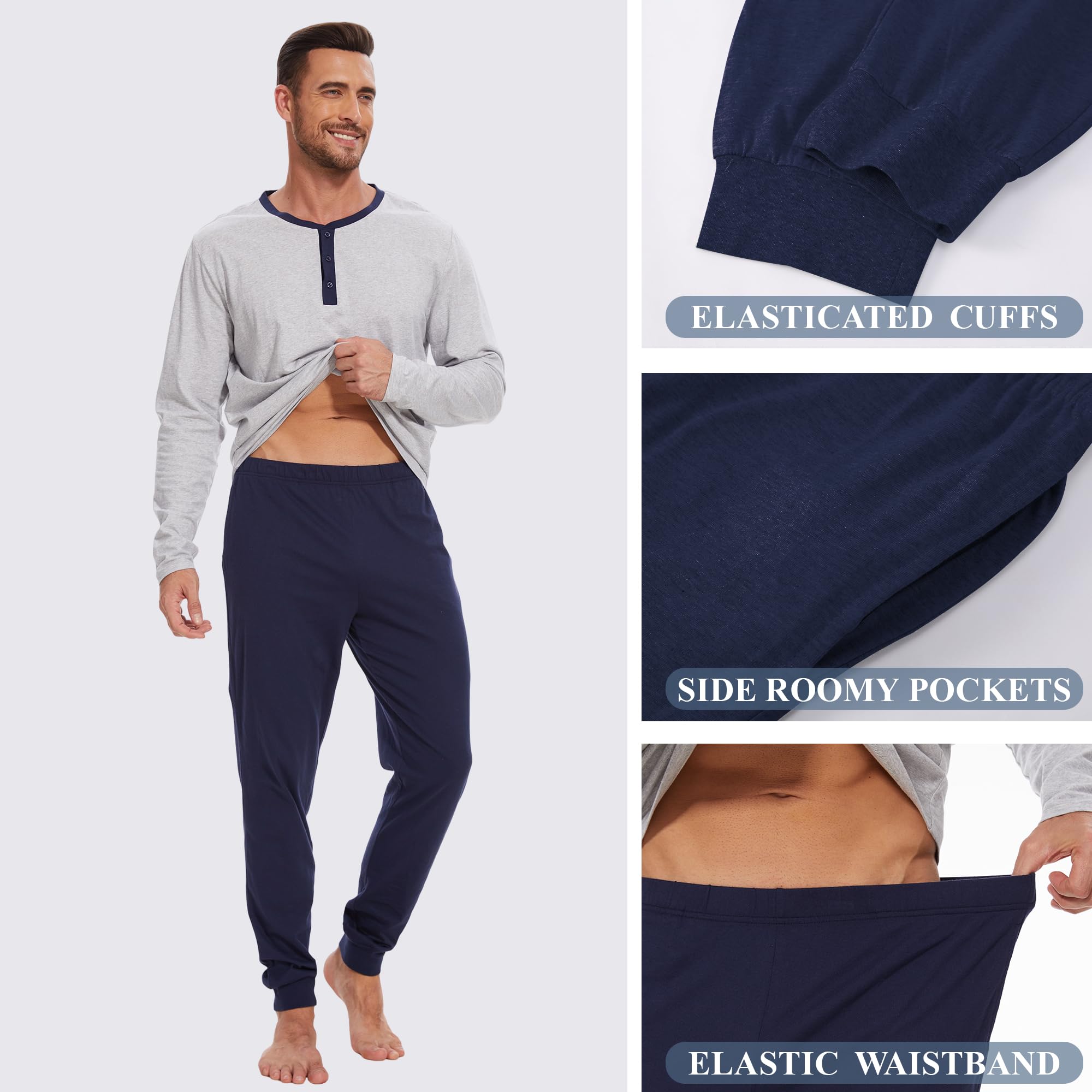 Navisting Men's 100% Cotton Henley Pajama Set 2-Piece Lounge Slee - Navisting Official Product View 5