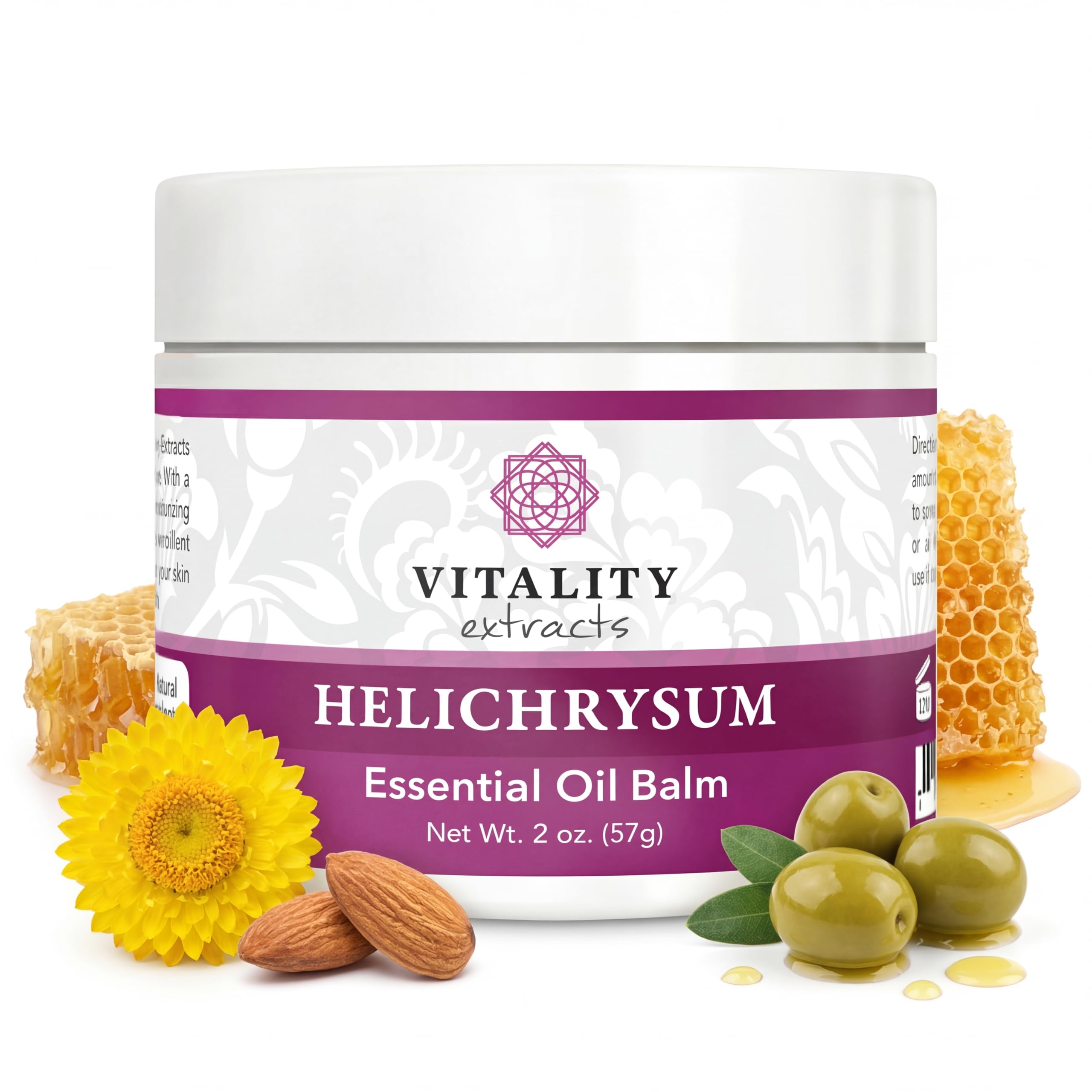 Vitality Helichrysum Balm skin moisturizer in a 2oz jar, soothing and healing body balm for skin hydration and repair.