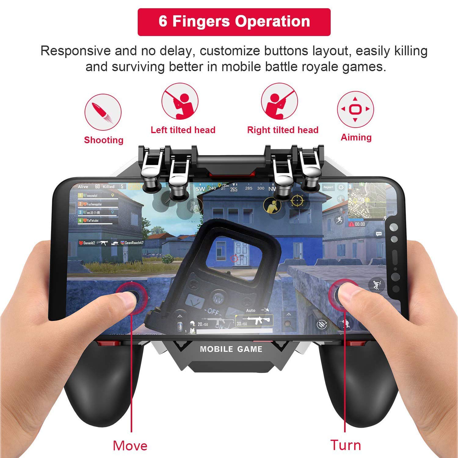 DELAM mobile game controller with cooling fan for iPhone and Android devices, featuring ergonomic design and responsive buttons.