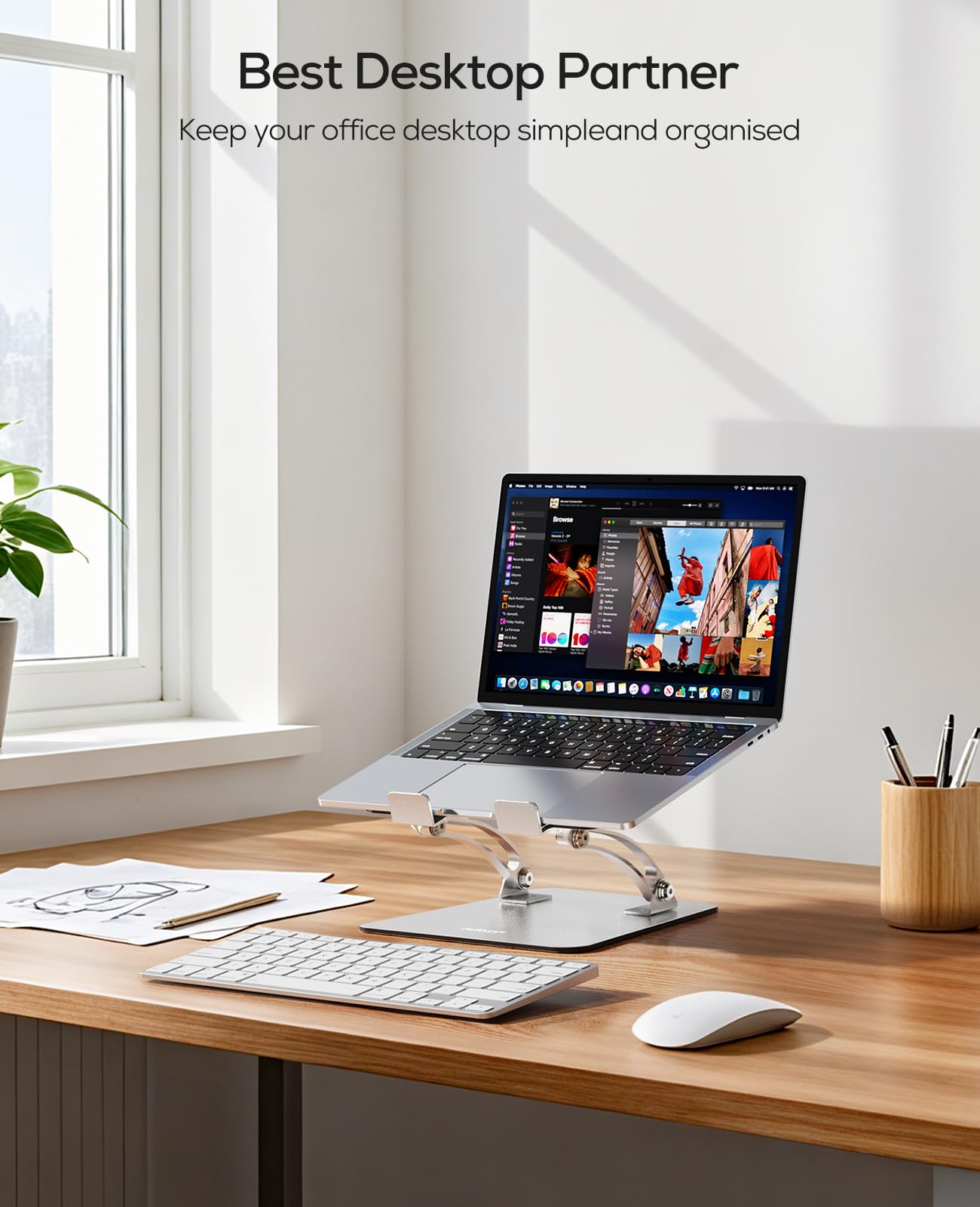 Nulaxy ergonomic adjustable laptop stand with heat vents, foldable design, suitable for Mac 10-17 inch laptops, for improved posture.