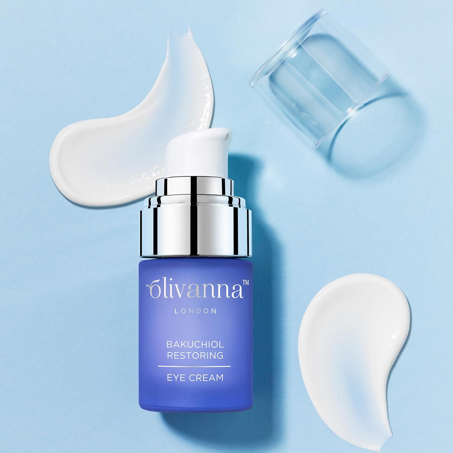 Olivanna Bakuchiol Restoring Eye Cream with elderflower extract, featuring a jar of the skincare product for reducing eye area visibility.
