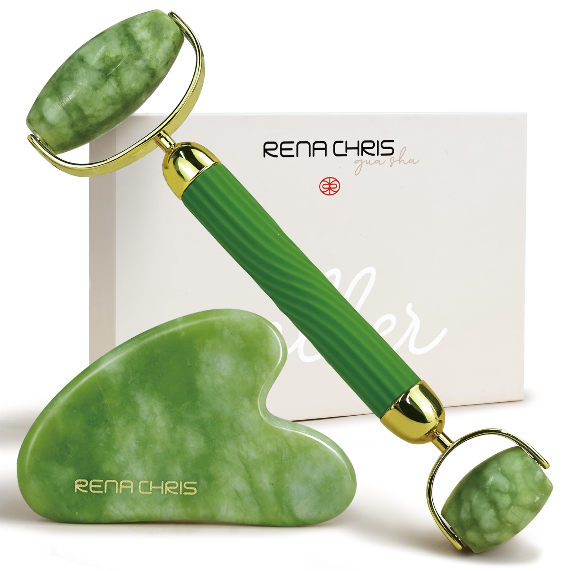 Rena Chris Gua Sha and Face Roller Set Anti Breakage Jade - Rena Chris Official Product Imagery - 1