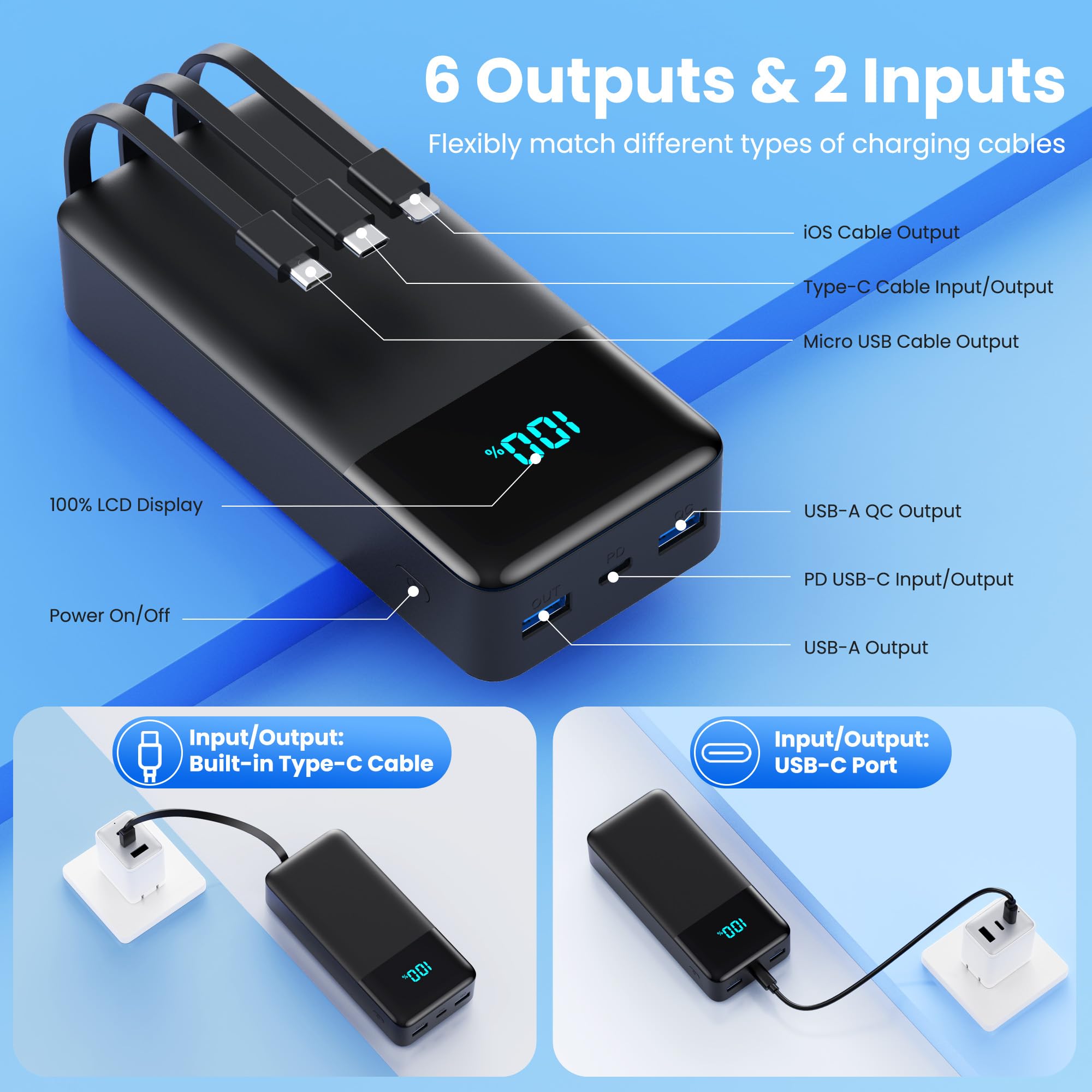 Portable Charger 50800mAh Power Bank with 3 Built in Cables - AONIMI Official Imagery - 6
