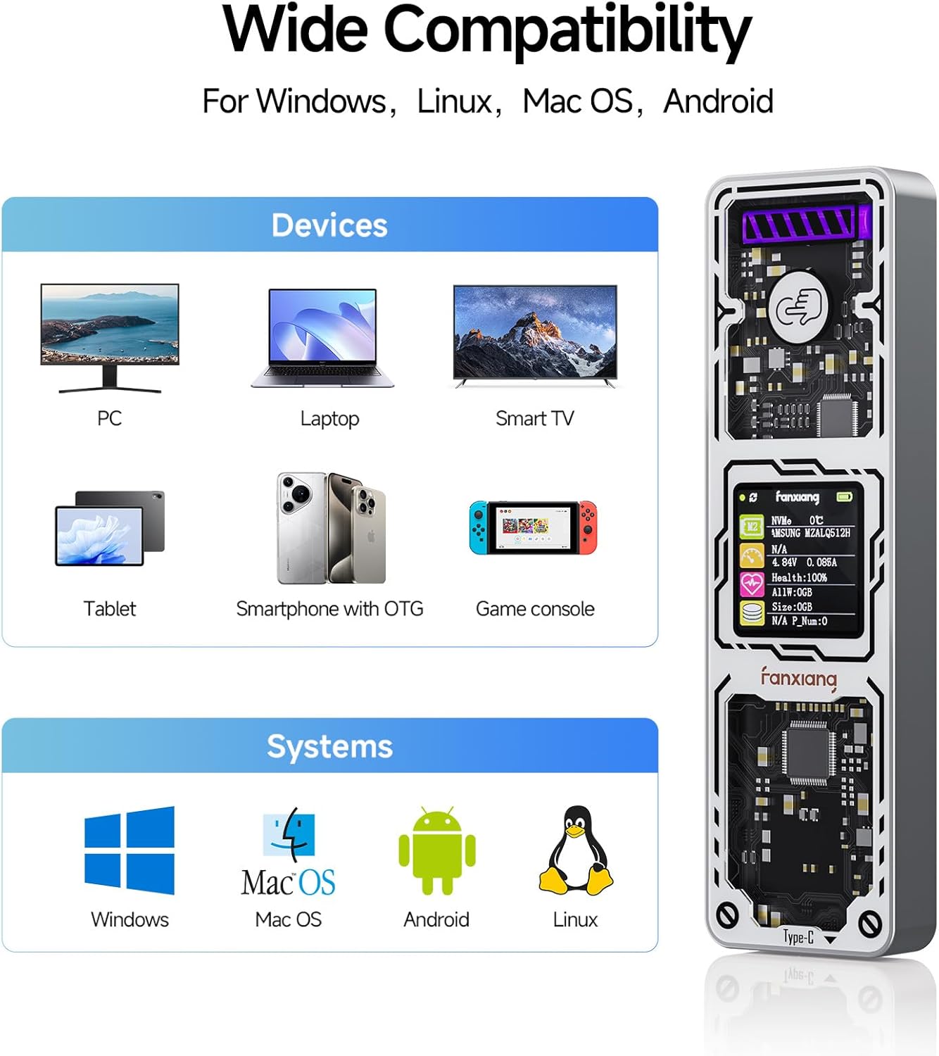 fanxiang SSD enclosure for M.2 NVMe and SATA drives with USB 3.2 Gen 2 interface, silver-colored, compact and portable design