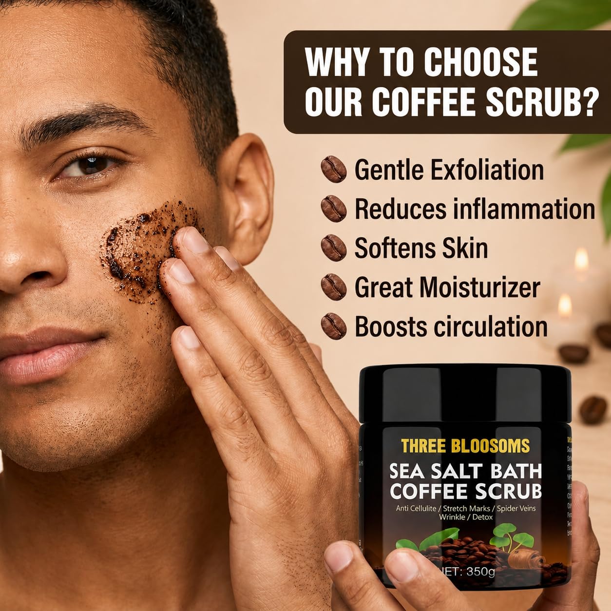 Three Bloosoms Coffee Scrub Body Exfoliator - 350g Anti Cellulite & Anti aging & Rem - Three Bloosoms Official Product View 5