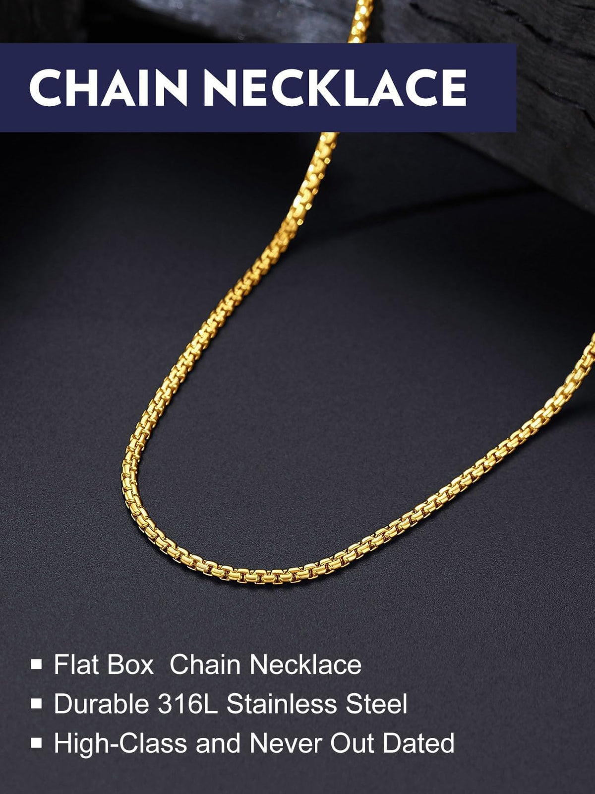 Bandmax Solid Stainless Steel Flat Box Link Chain Necklace - Bandmax Official Imagery - 3