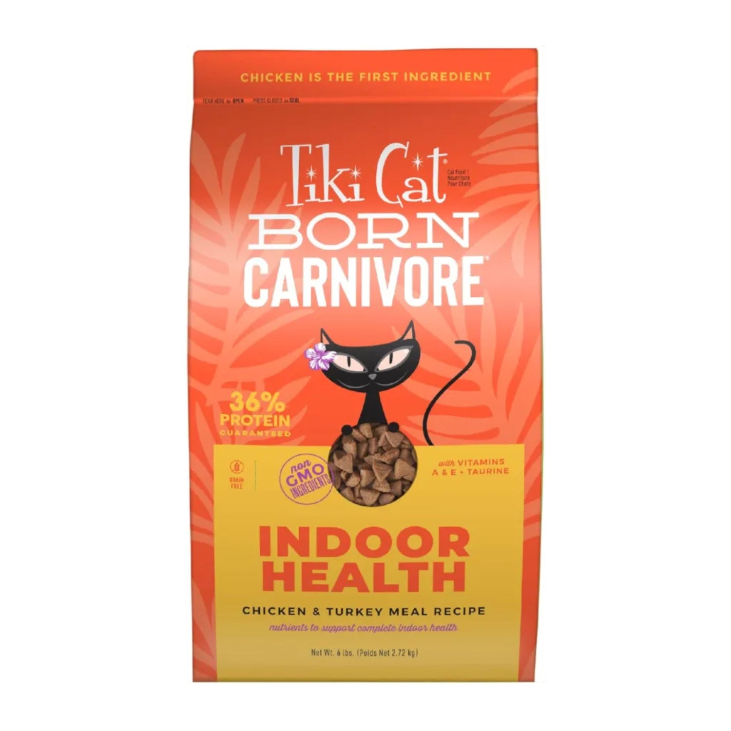 Tiki Cat Born Carnivore Indoor Health dry cat food bag with chicken and turkey meal, 6 lbs, from TIKI PETS