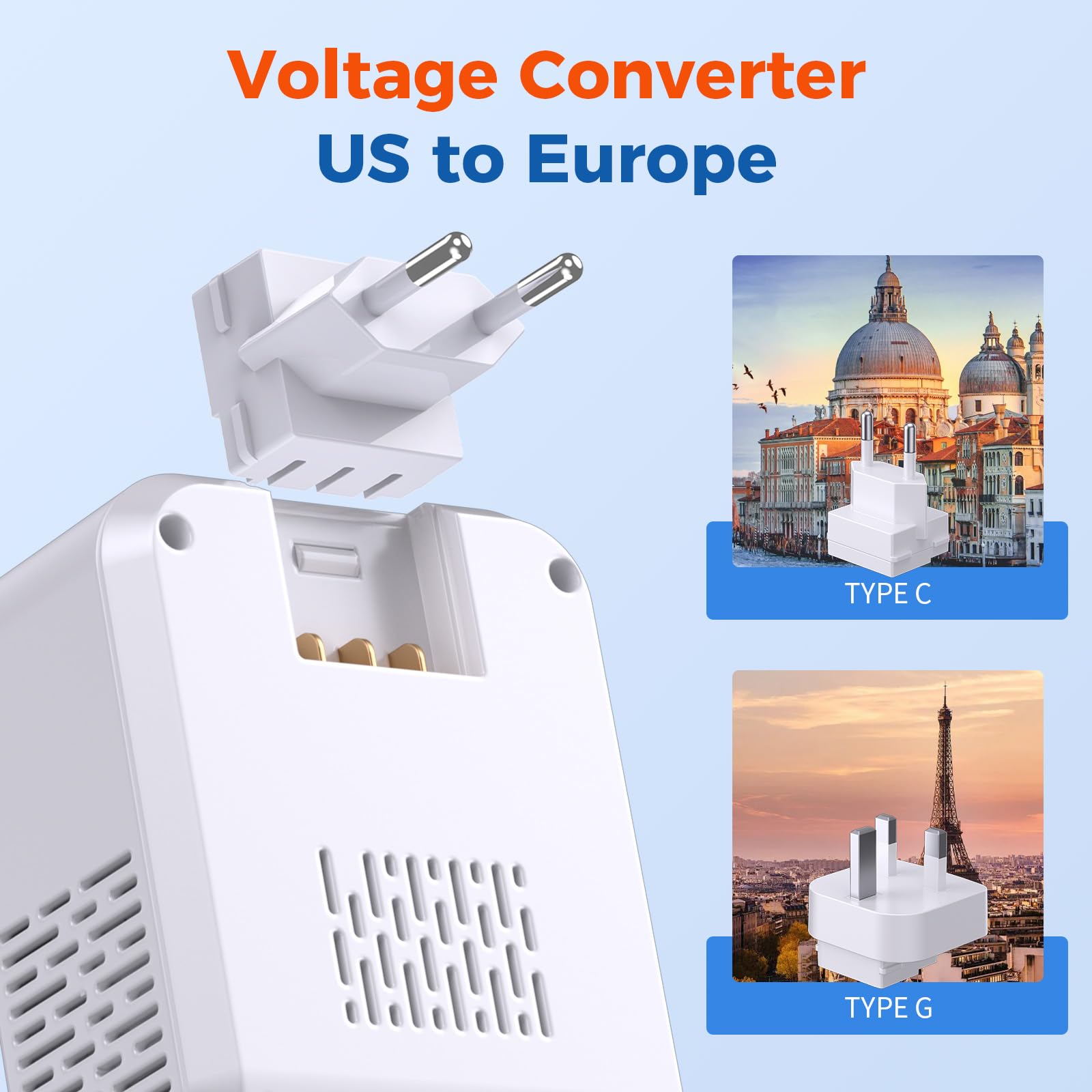 TREVOLTY 2000W voltage converter for US to Europe, with multiple ports, travel adapter, white color, for hair dryers and electronics.