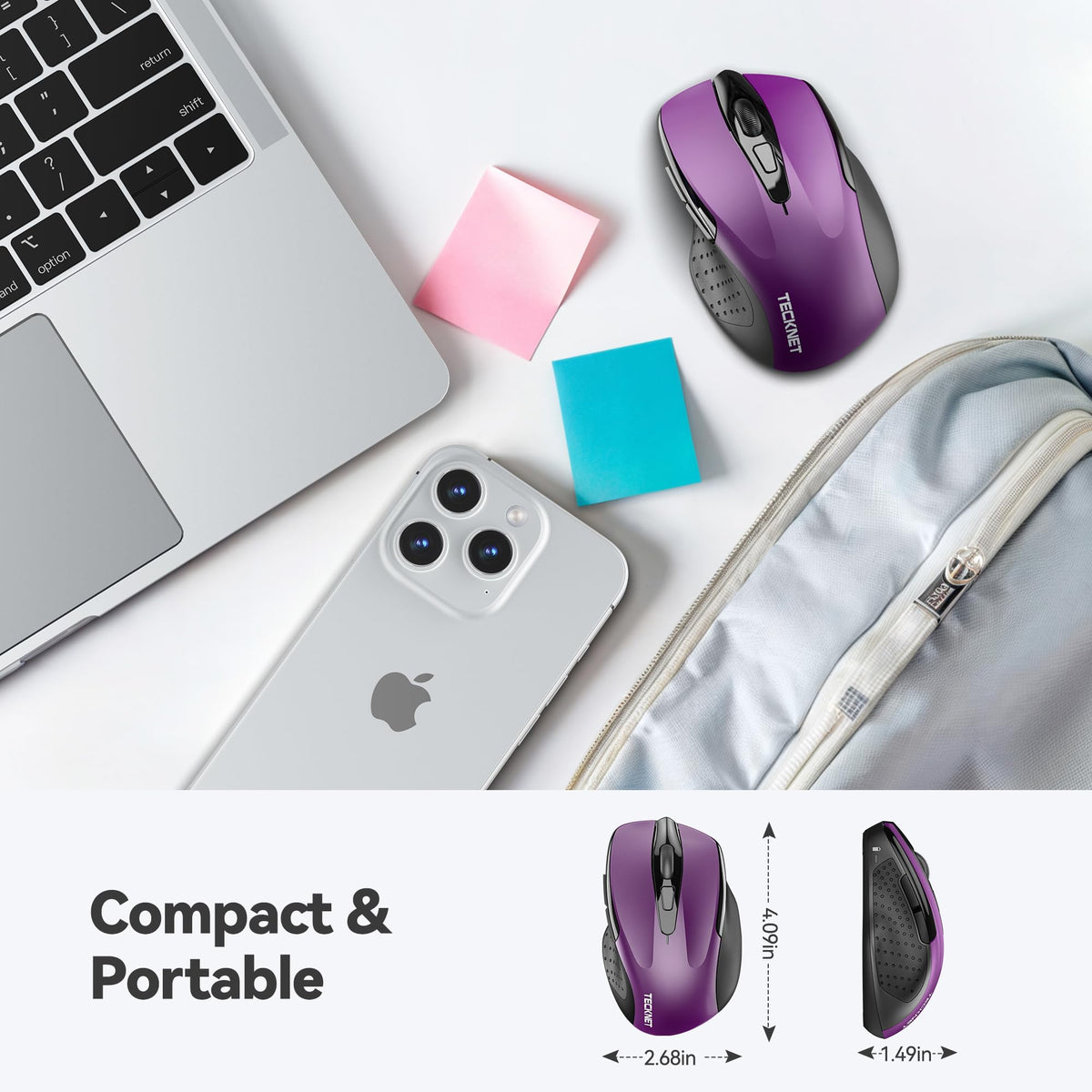 TECKNET wireless ergonomic computer mouse in purple with 2.4G connectivity and 2600 DPI for precise control.