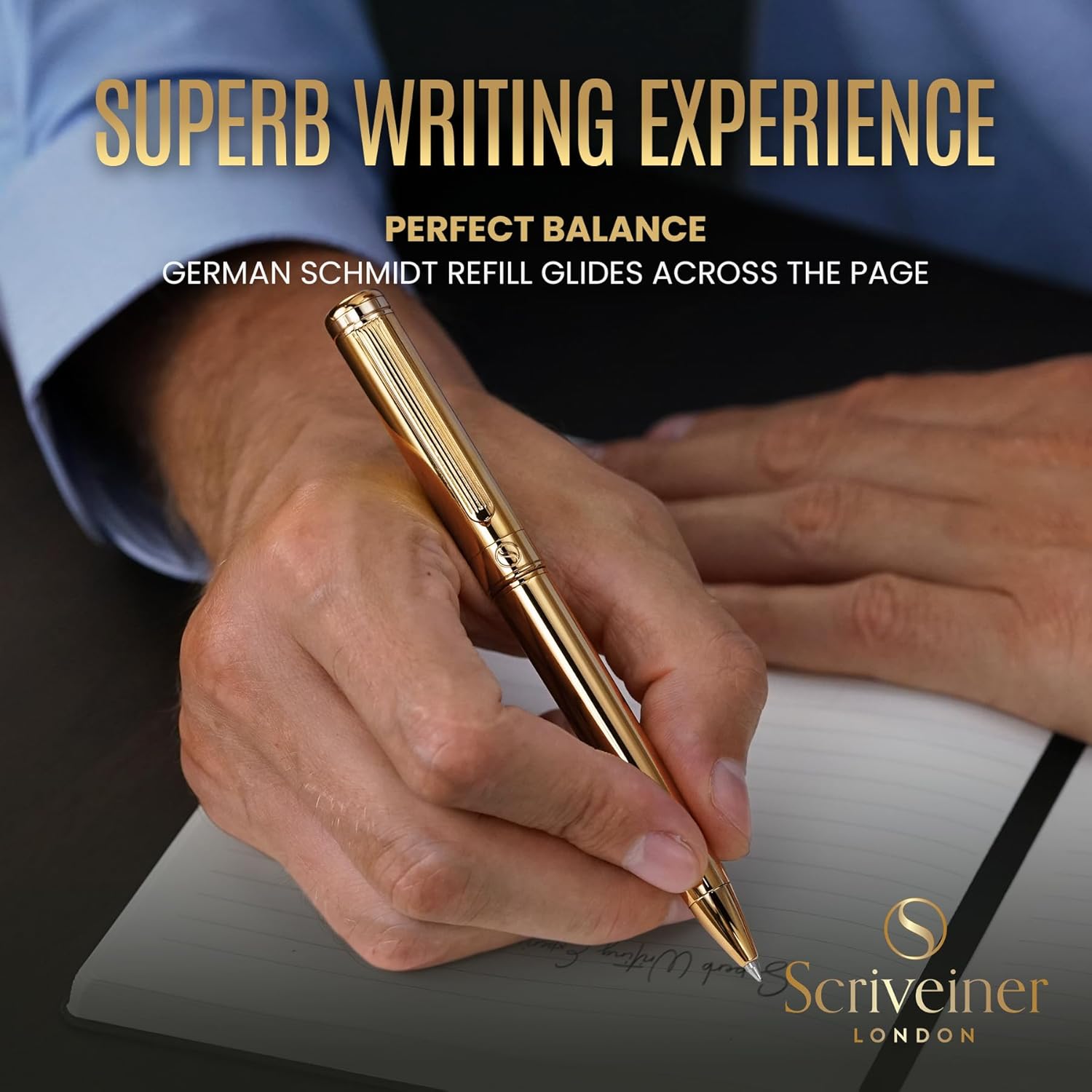 Scriveiner gold ballpoint pen with real gold plating and black Schmidt refill, elegant luxury writing instrument.