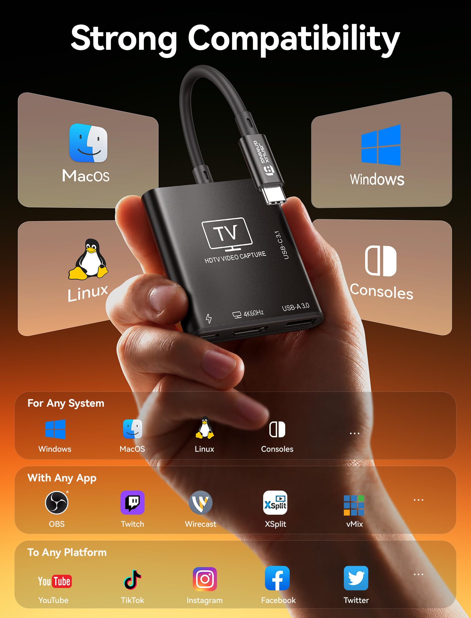 JSAUX Video Capture Card Intended for Nintendo Switch 2/Steam Deck/ROG Ally