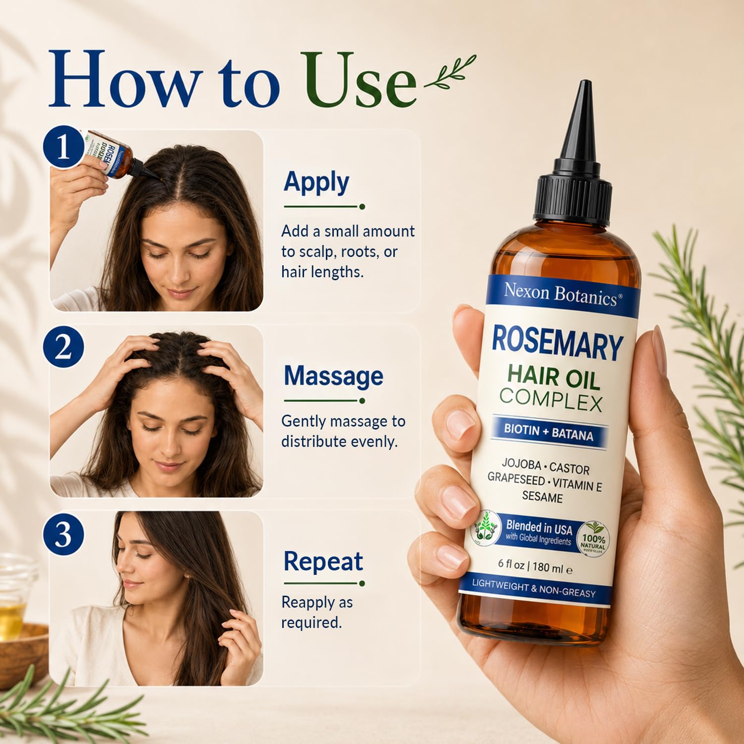 Nexon Botanics Rosemary Hair Oil 6 Fl Oz - Scalp Blend with Biotin & Batana & Cas - Nexon Botanics Official Product View 5