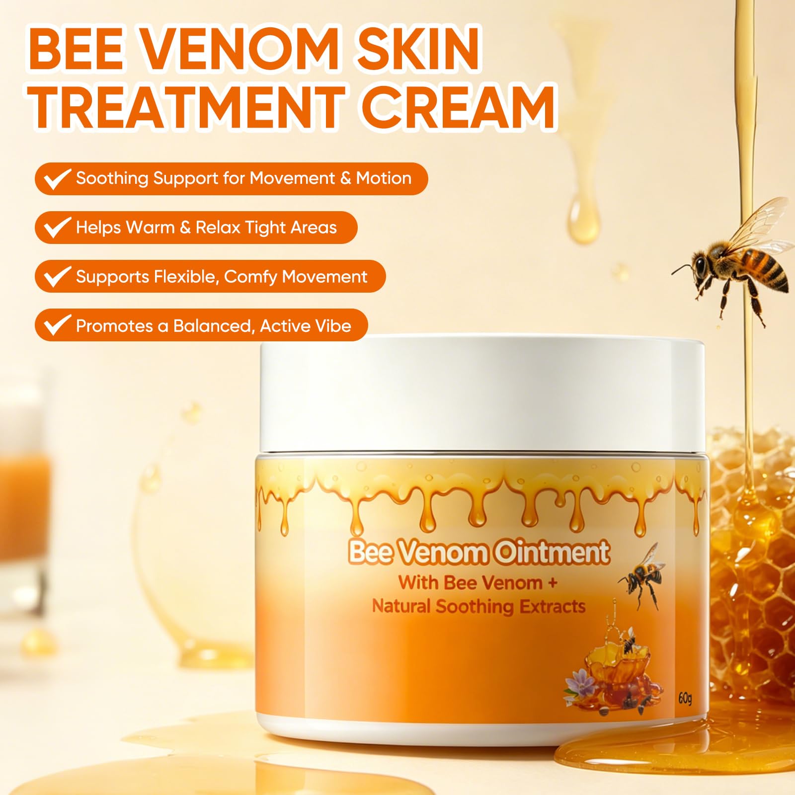 OUPEICHARM Bee Venom Warming Cream moisturizer applied to back and knees, showing a skincare container and a person’s skin.
