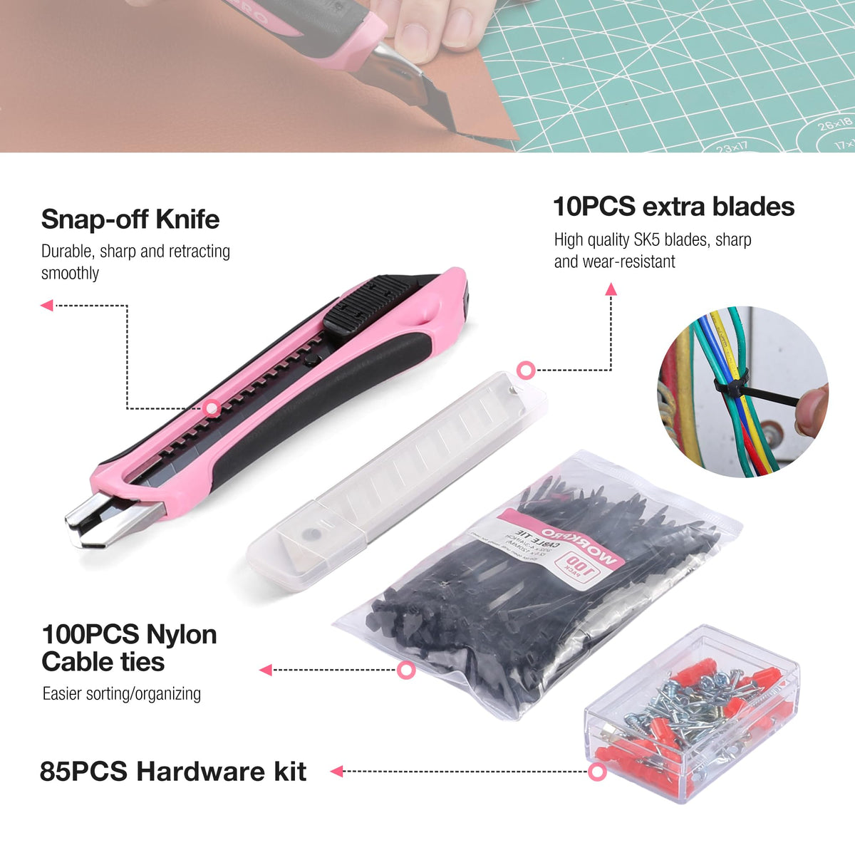 WORKPRO 258PCS Pink Tool Set Portable Home Basic Tool Kit - WORKPRO Official Imagery - 8