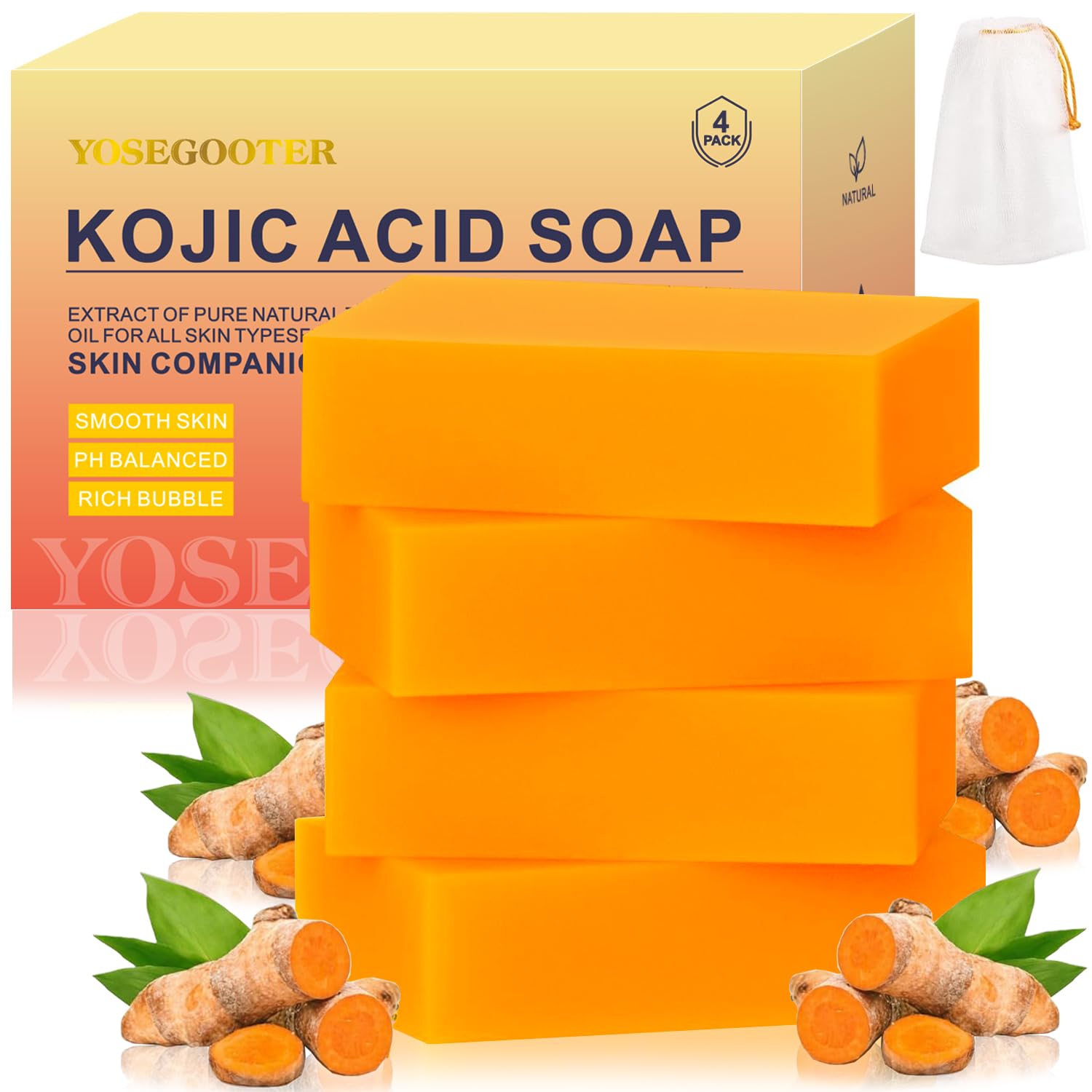 Kojic Acid Soap 4 Packs 14oz,Turmeric Soap, Dark Spot Remover - Product Imagery