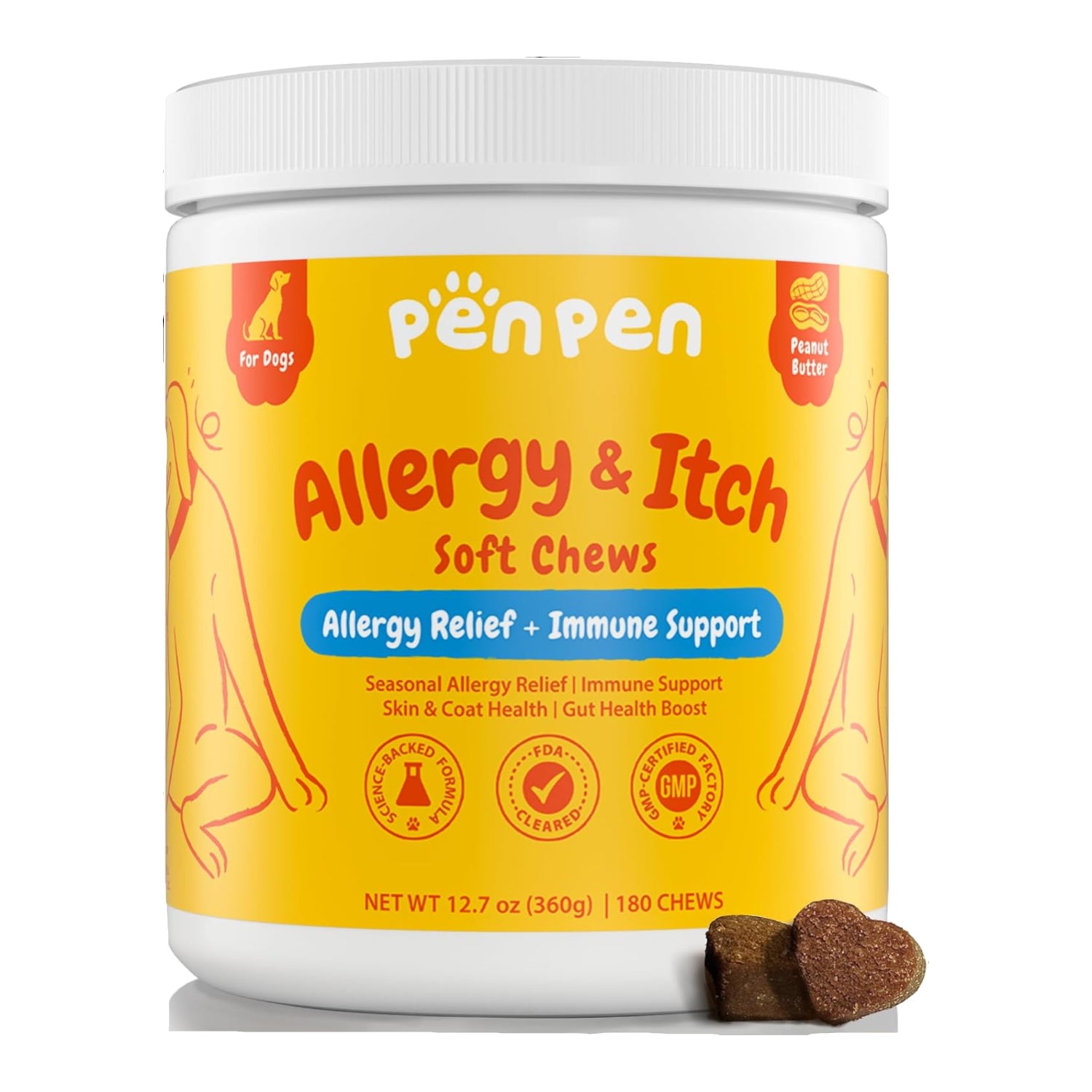 PENPEN Dog Allergy Relief Chews with Omega 3 for itchy skin and allergy relief in a close-up of the chew treats.