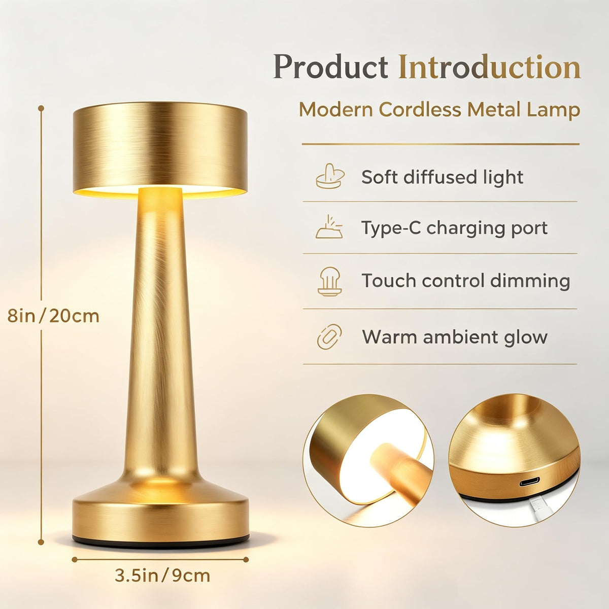 HPUFKOT Portable LED Table Lamp 3 Levels Brightness Metal - HPUFKOT Official Imagery - 3